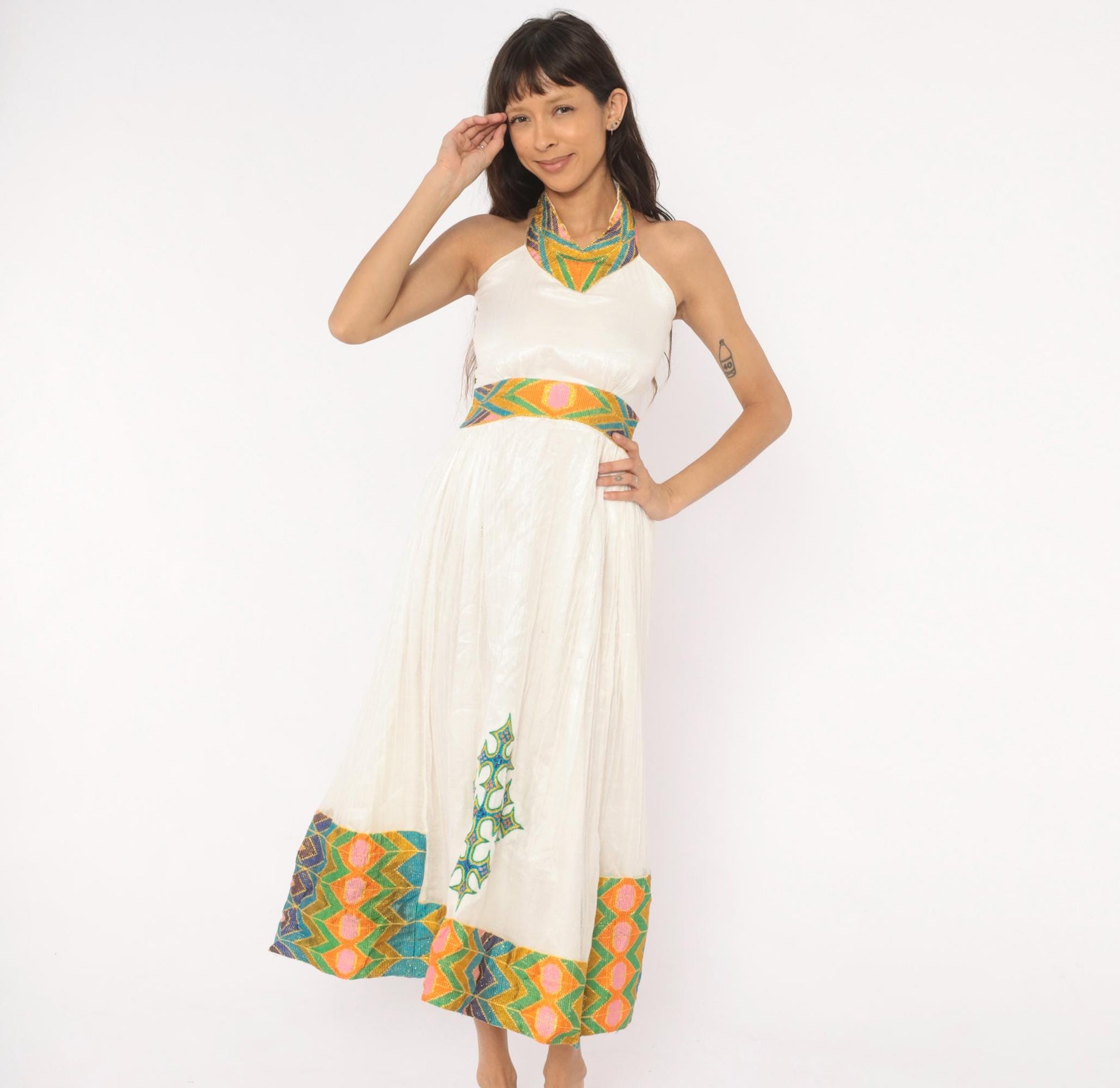 90s White Cotton Gauze Halter Midi Dress Embroidered Cross Geometric Trim Small