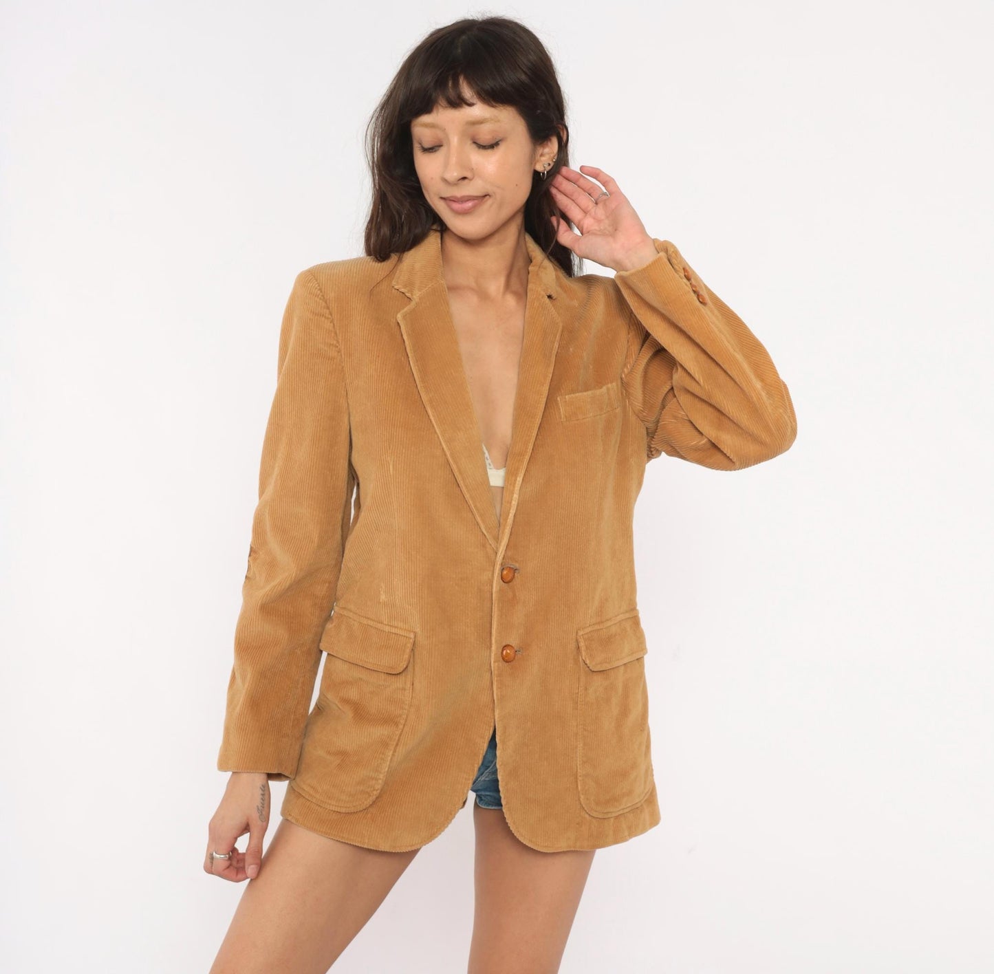 80s Richman Corduroy Blazer Tan Suede Elbow Patch Two Button Medium