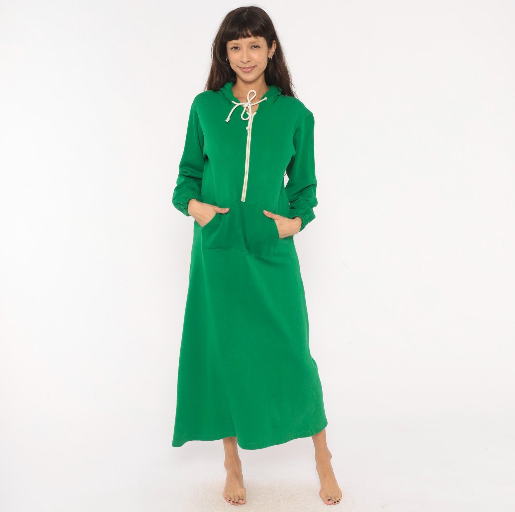 80s Sportwear Emerald Green Hooded Maxi Dress Half-Zip Balloon Sleeve Medium