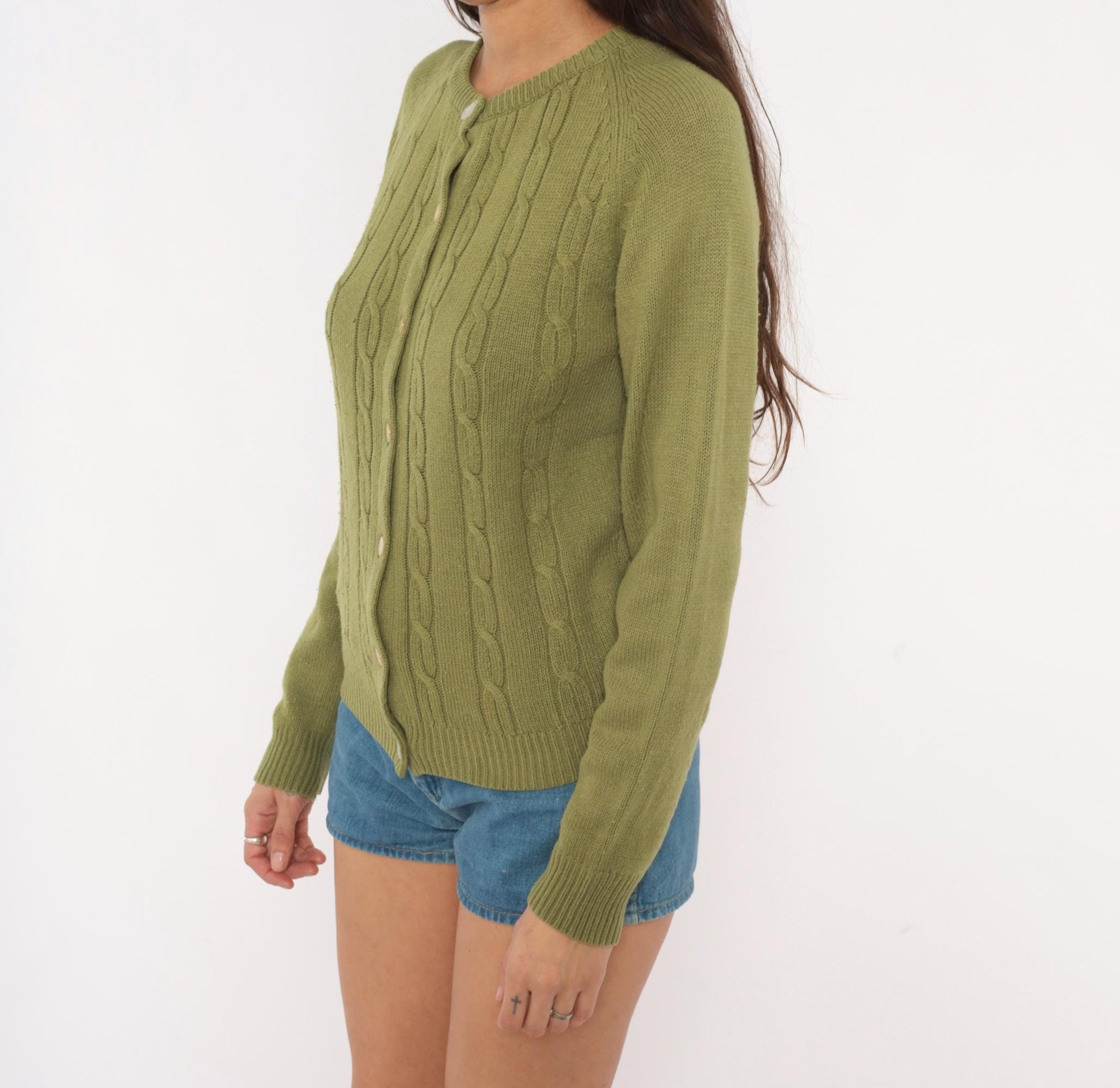 80s Olive Cable Knit Cardigan Crew Neck Button Front Raglan Sleeve Extra Small