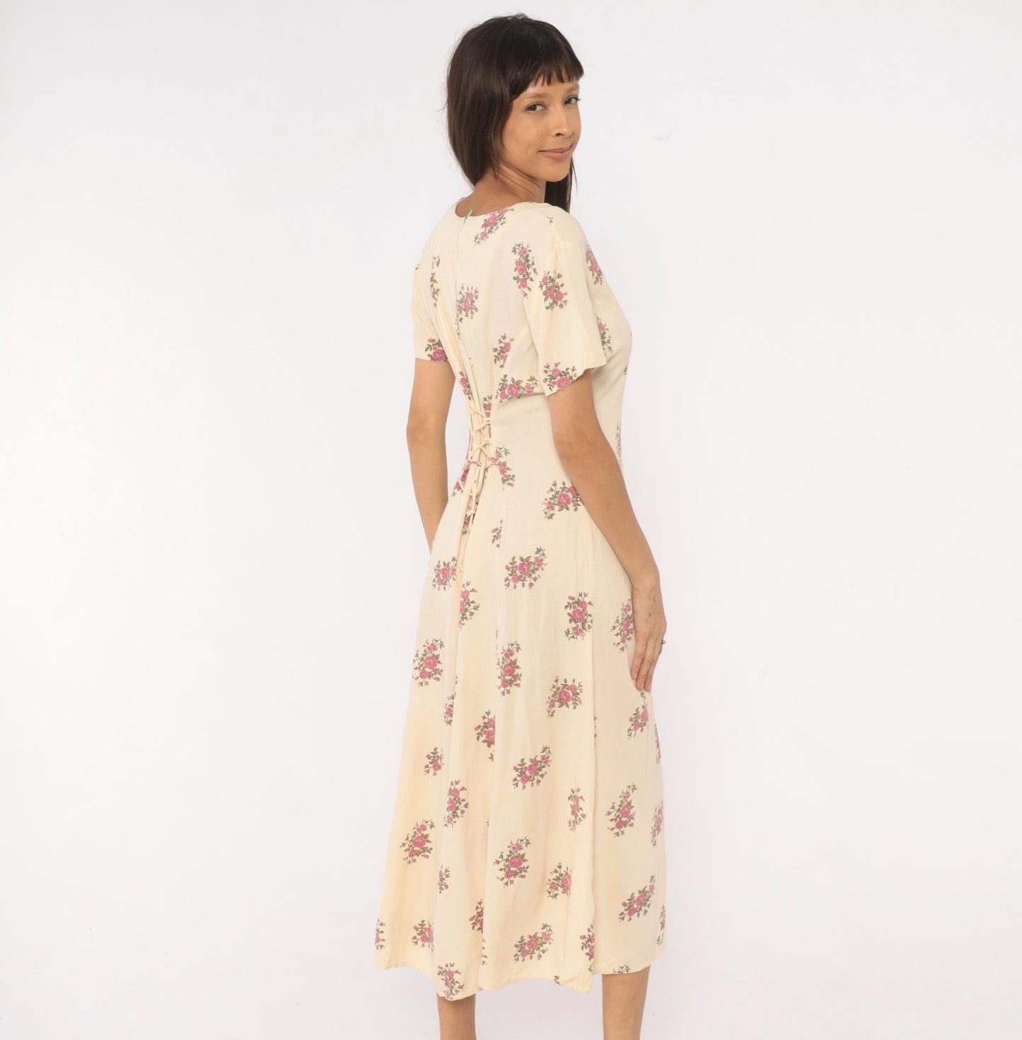 90s Ultra Dress Cream Floral Midi Button Front V Neck Lace Up Back Medium