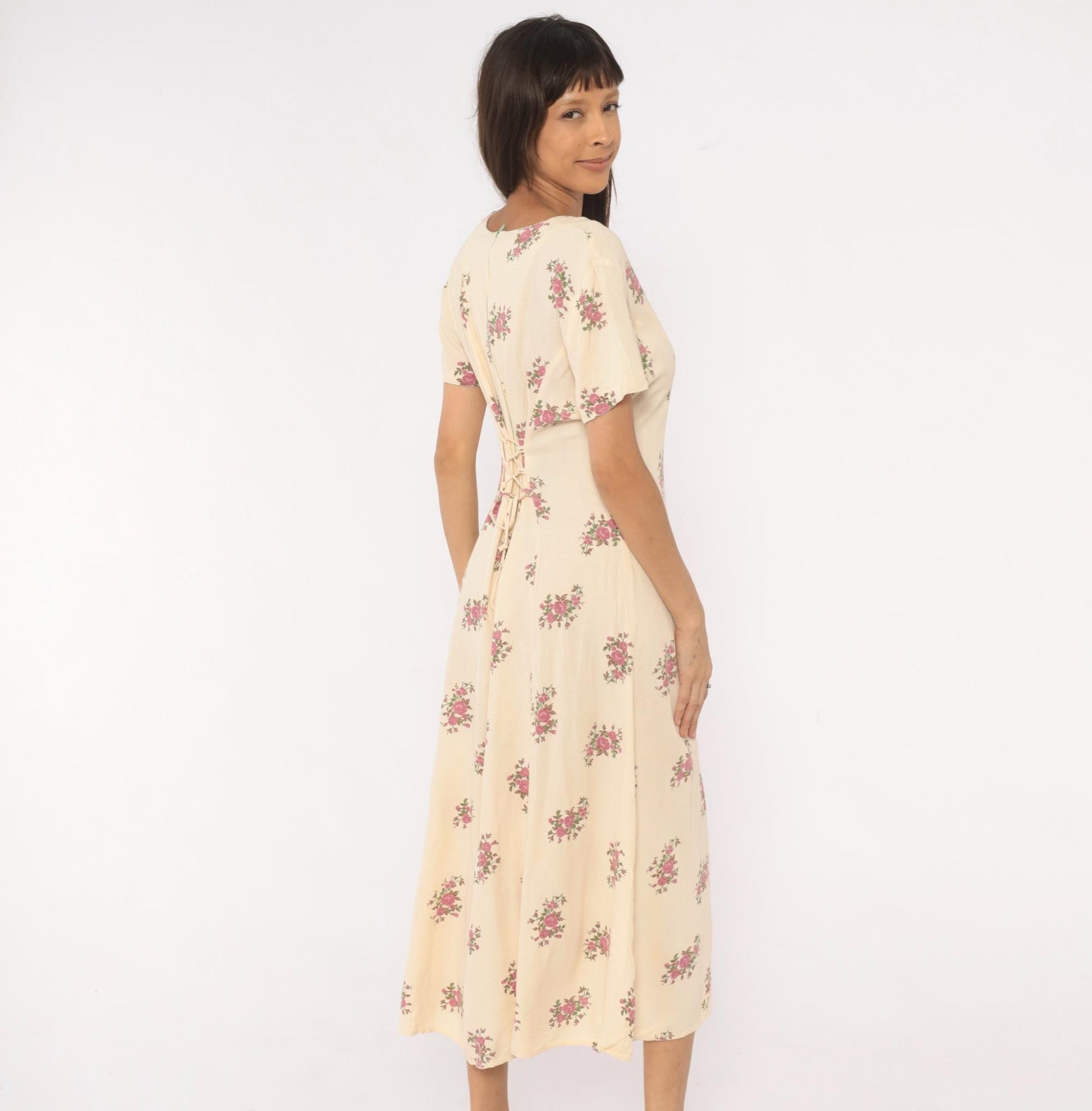 90s Ultra Dress Cream Floral Midi Button Front V Neck Lace Up Back Medium