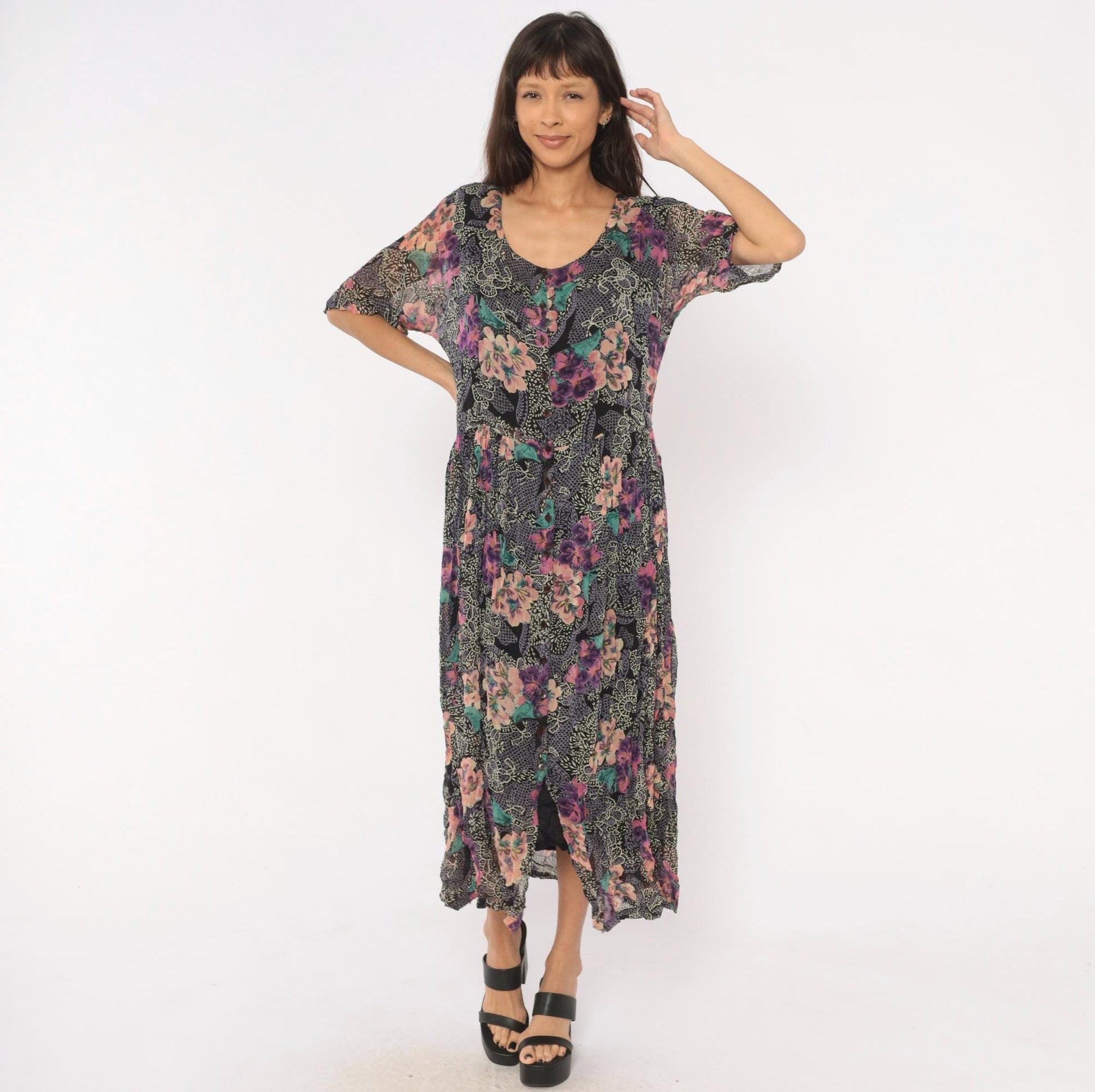90s Nostalgia Floral Midi Dress Button Front Short Sleeve Purple Pink Teal Medium
