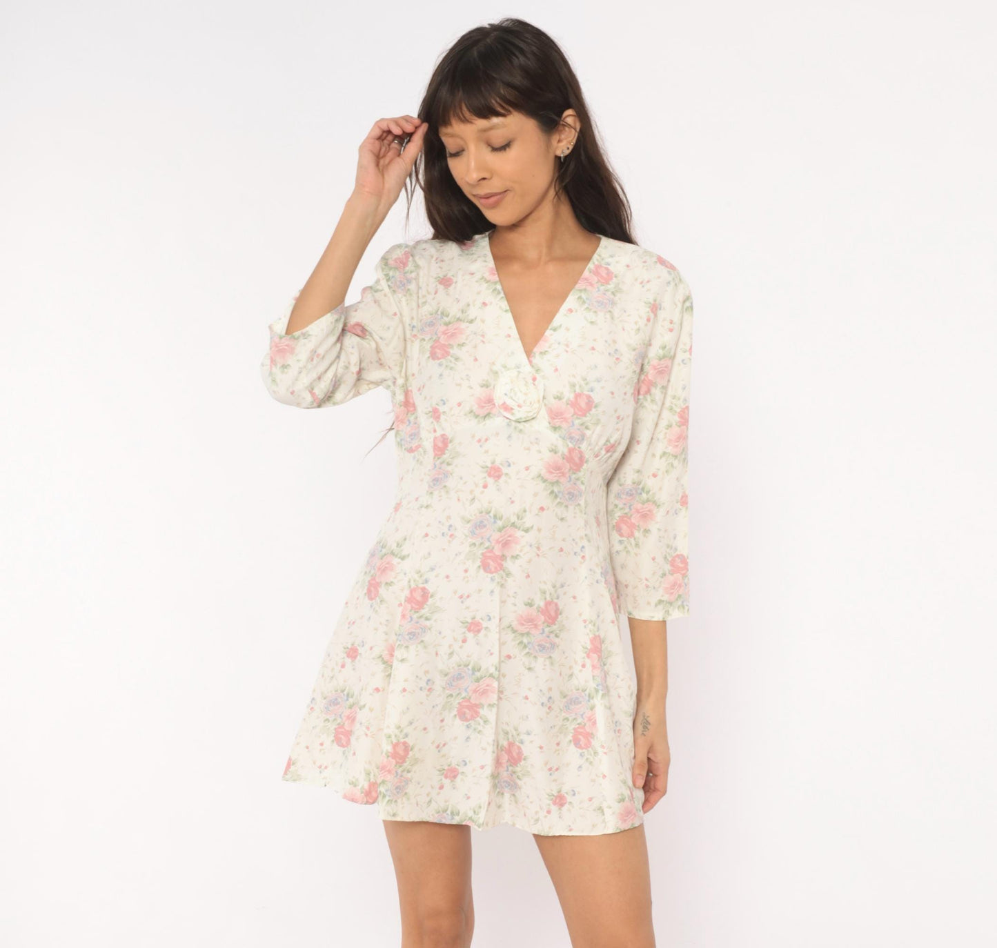 90s Eber Rose Floral Mini Dress Cream V-Neck Rosette Large L
