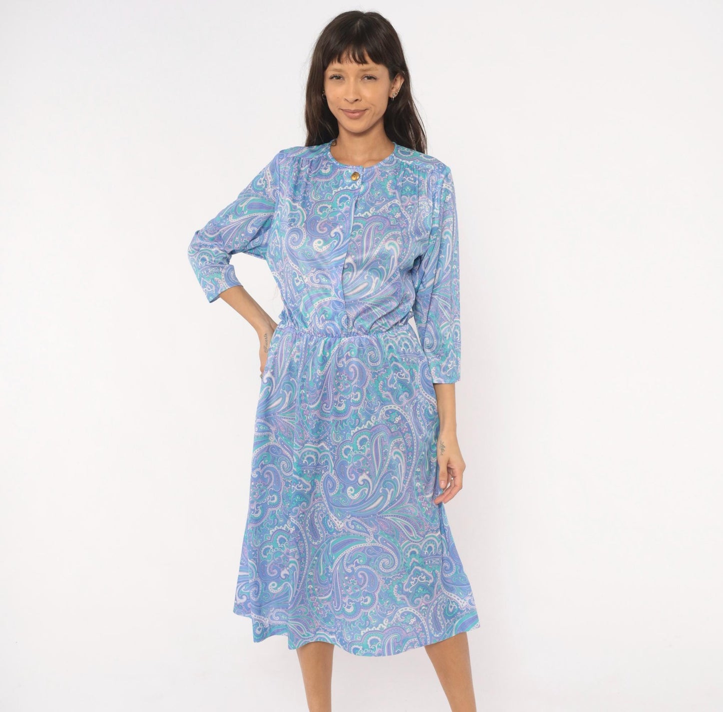 90s Blair Paisley Midi Dress Periwinkle Purple Teal Swirl Print Medium M