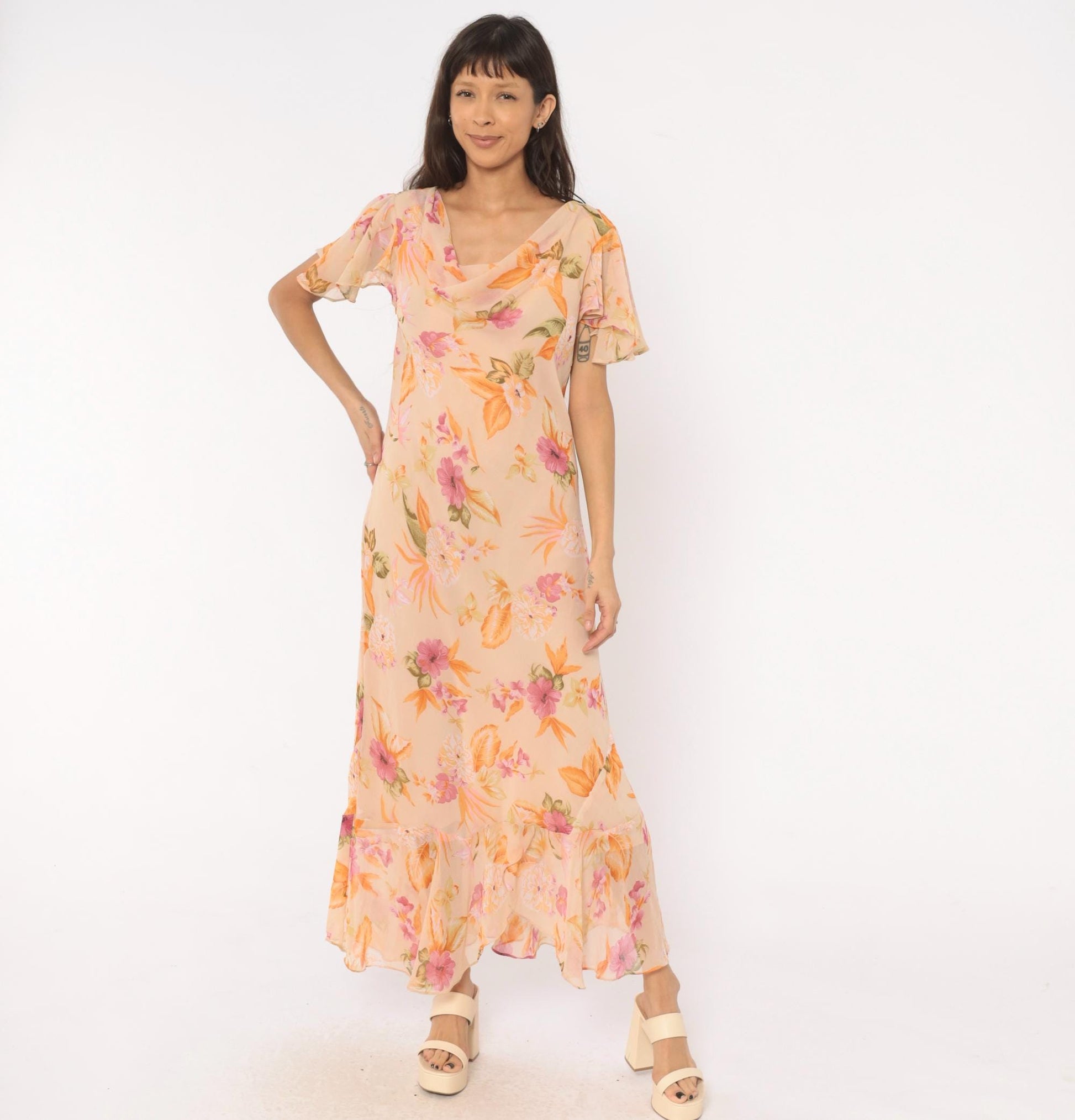 80s Jessica Taylor Peach Floral Maxi Dress Flutter Sleeve Cowl Neck Large L