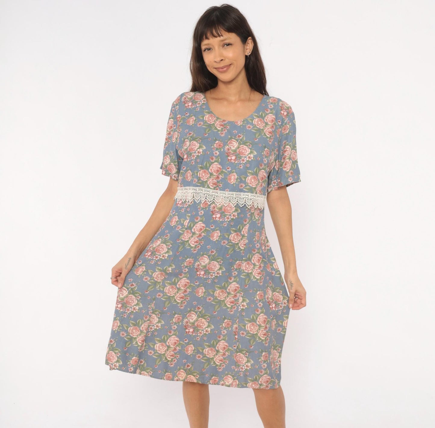 90s Ms. Basia California Floral Dress Dusty Blue Rose Print Flutter Sleeve Large L