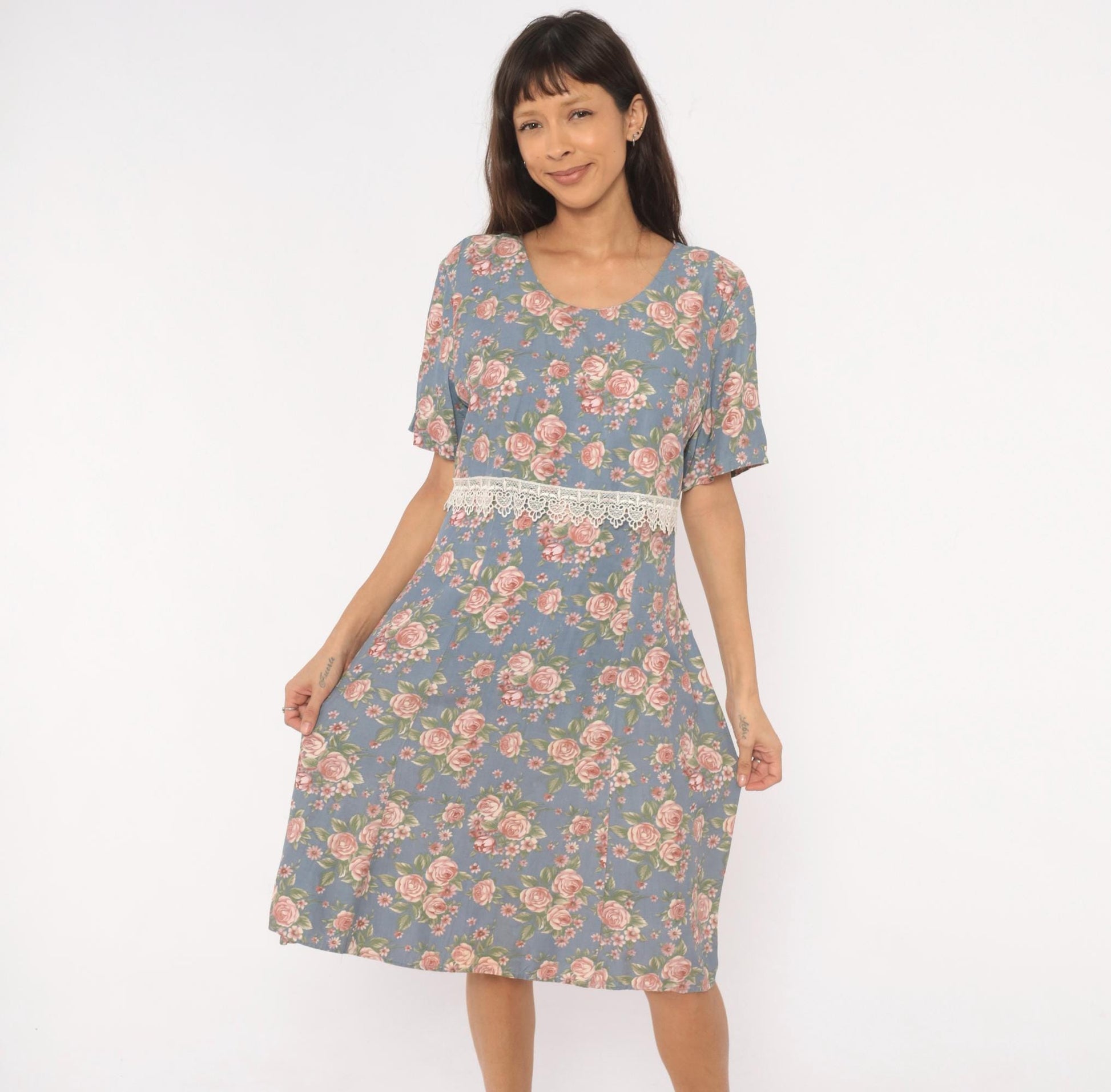 90s Ms. Basia California Floral Dress Dusty Blue Rose Print Flutter Sleeve Large L