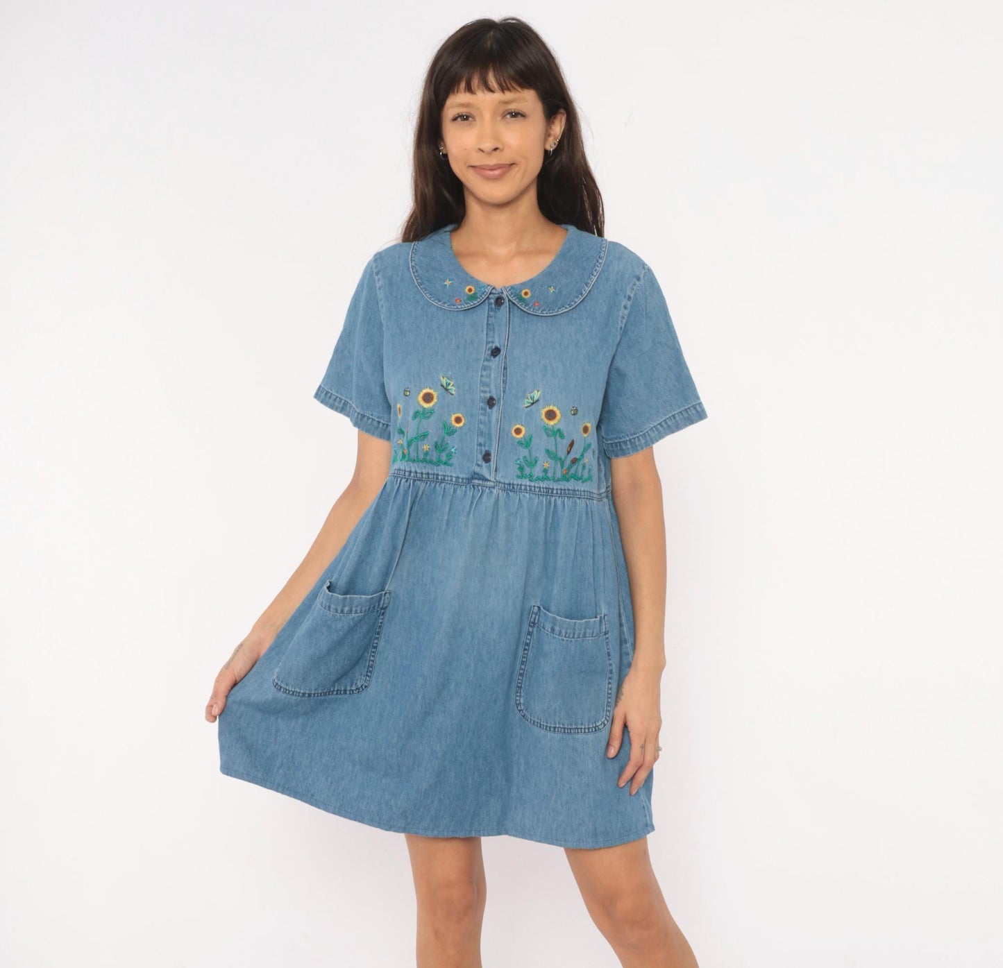 90s Bobbie Brooks Denim Babydoll Dress Sunflower Embroidered Peter Pan Collar Large L