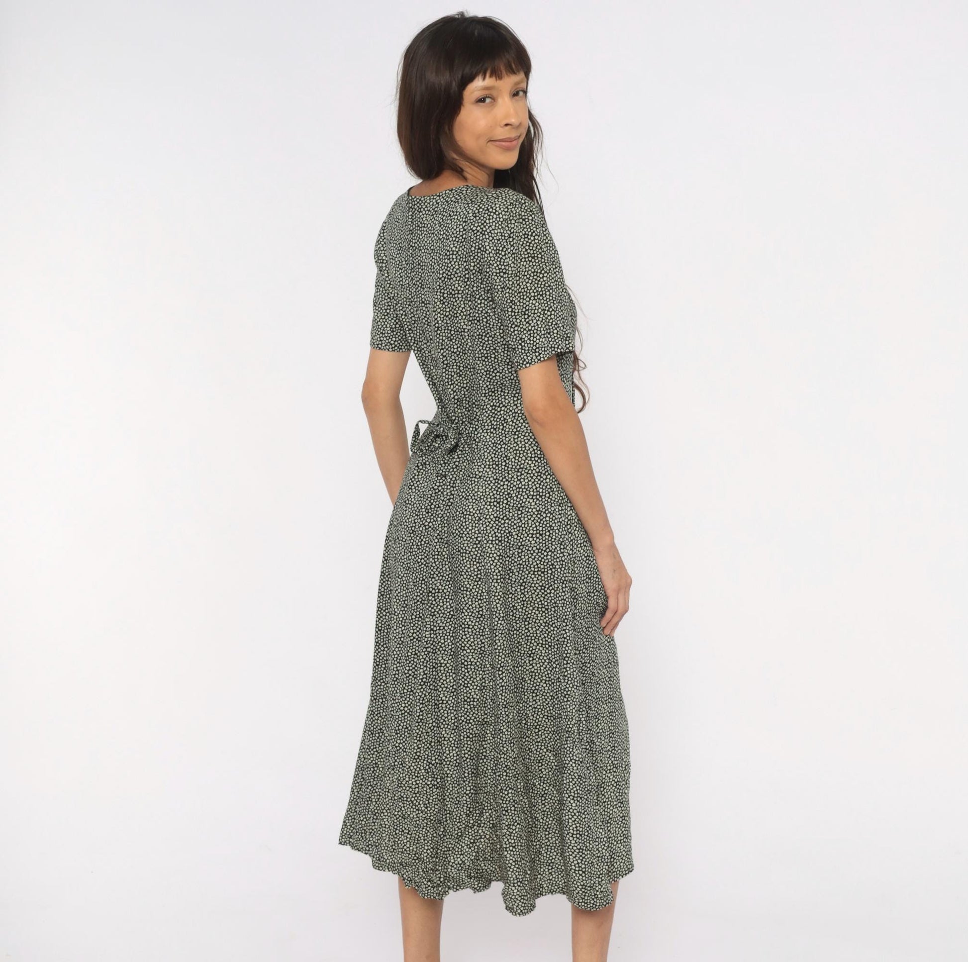 90s Statements Black Cream Dotted Midi Dress Lace-Up Front Medium