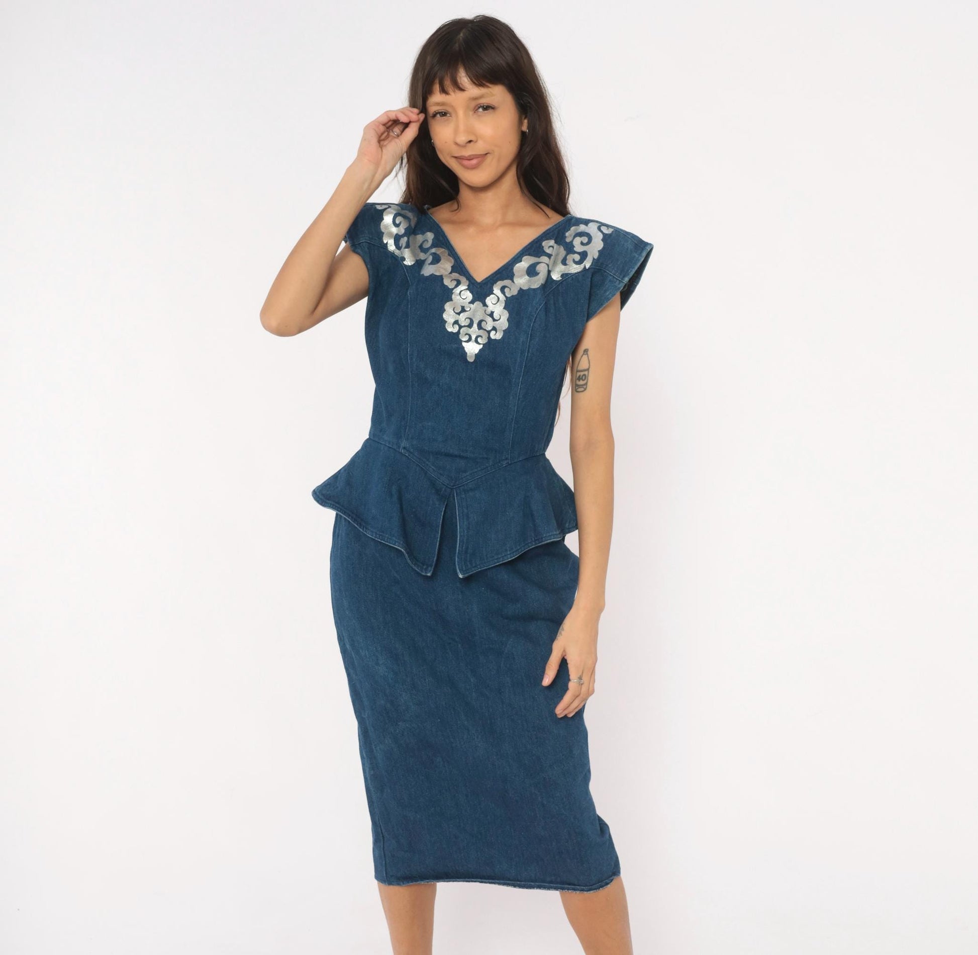 80s Young Edwardian Navy Denim Midi Dress Silver Applique Peplum Small