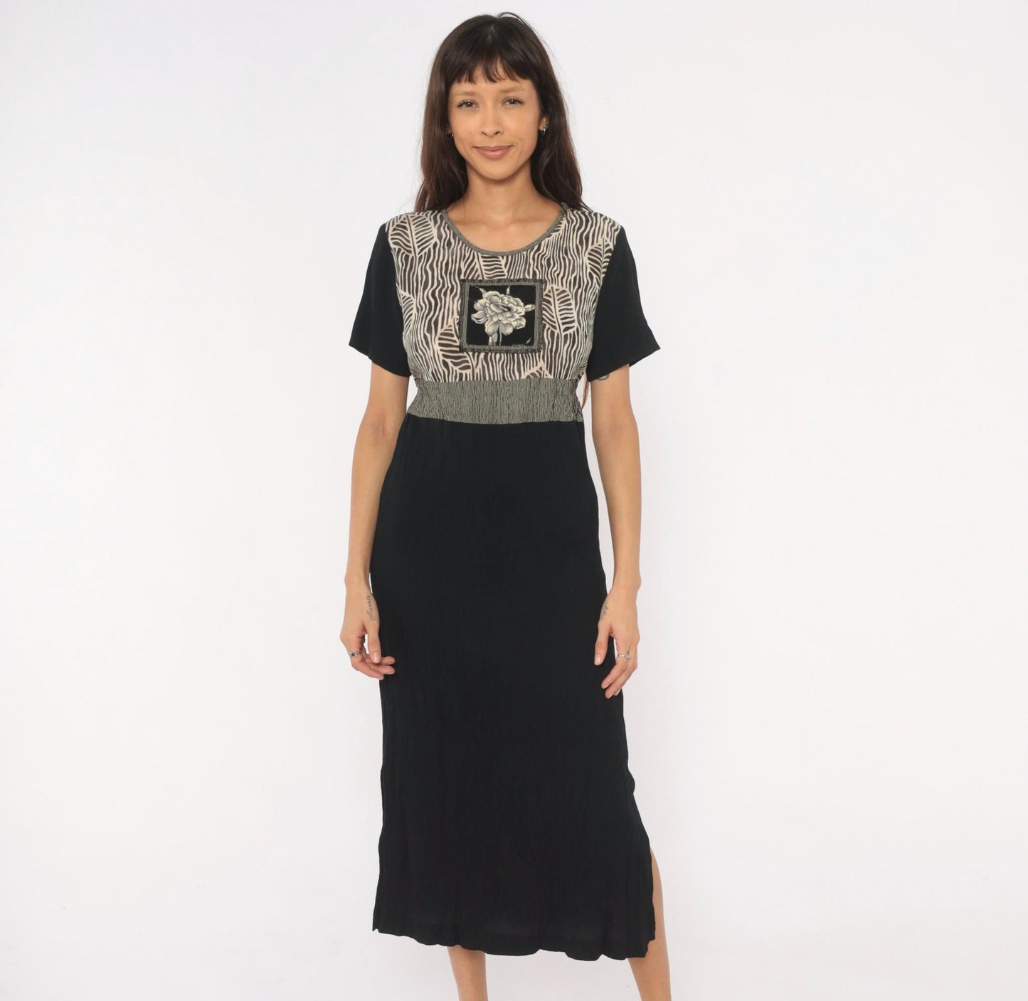 90s Naturally Petite Zebra Leaf Midi Dress Black Cream Floral Small