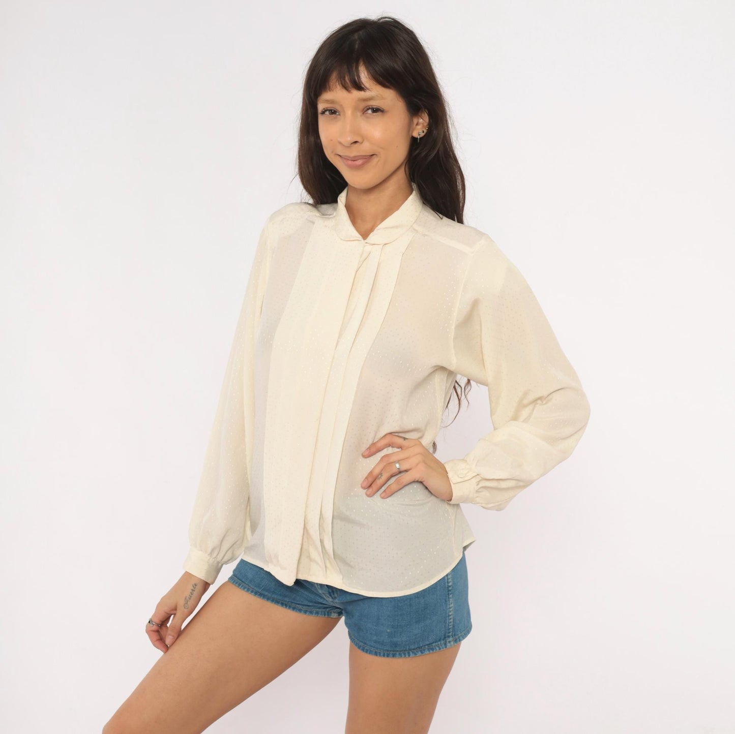 80s Country Suburbans Cream Swiss Dot Blouse Peter Pan Collar Small