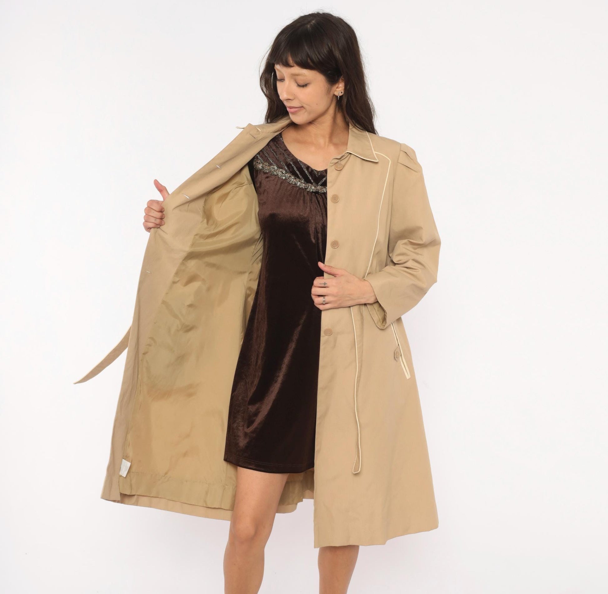 80s Windy Weather Tan Trench Coat Puff Sleeve Knee-Length Medium M