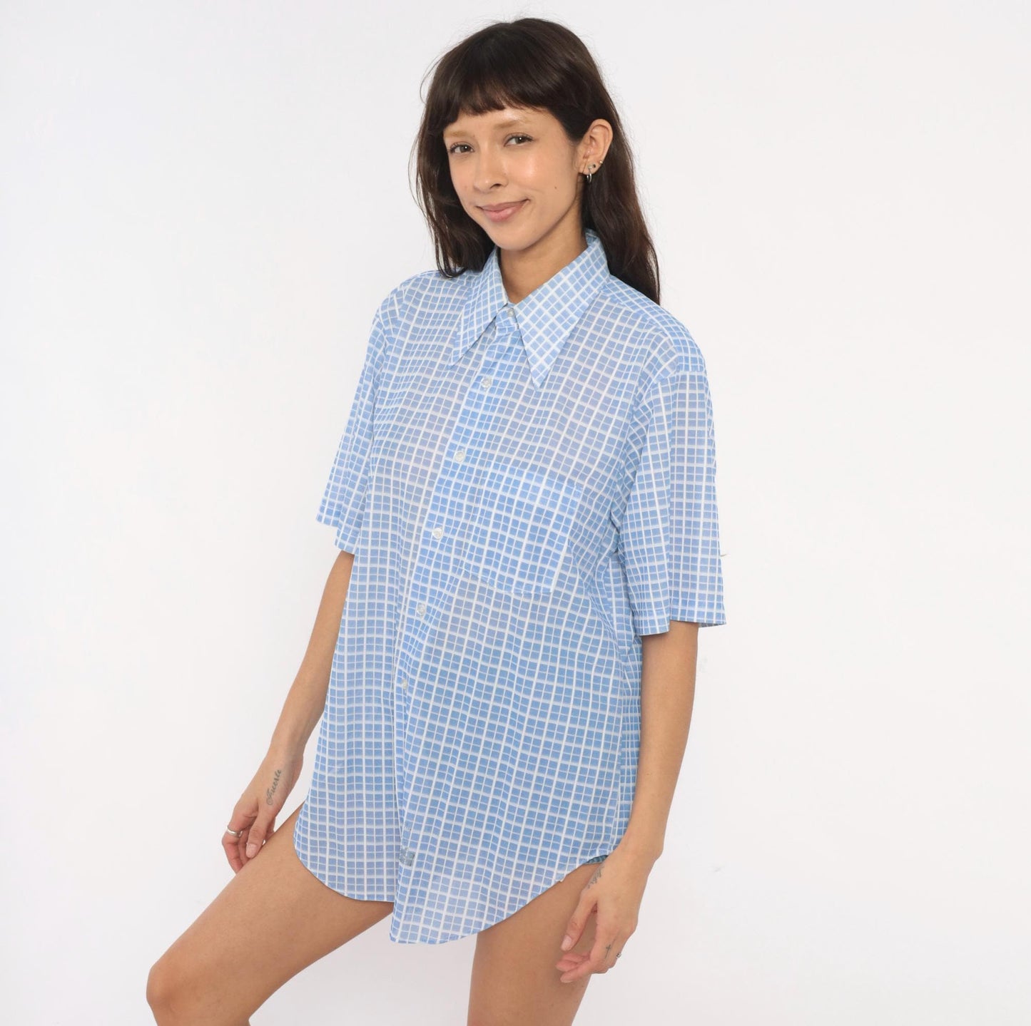 70s Dectolene Blue Windowpane Grid Check Shirt Pointed Collar Extra Large