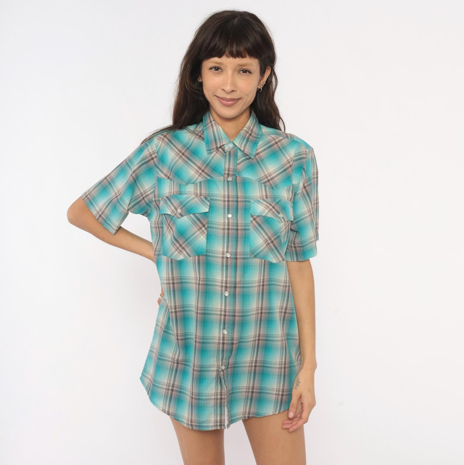 Y2K Rustic Ridge Western Plaid Snap Shirt Teal Grey Medium M