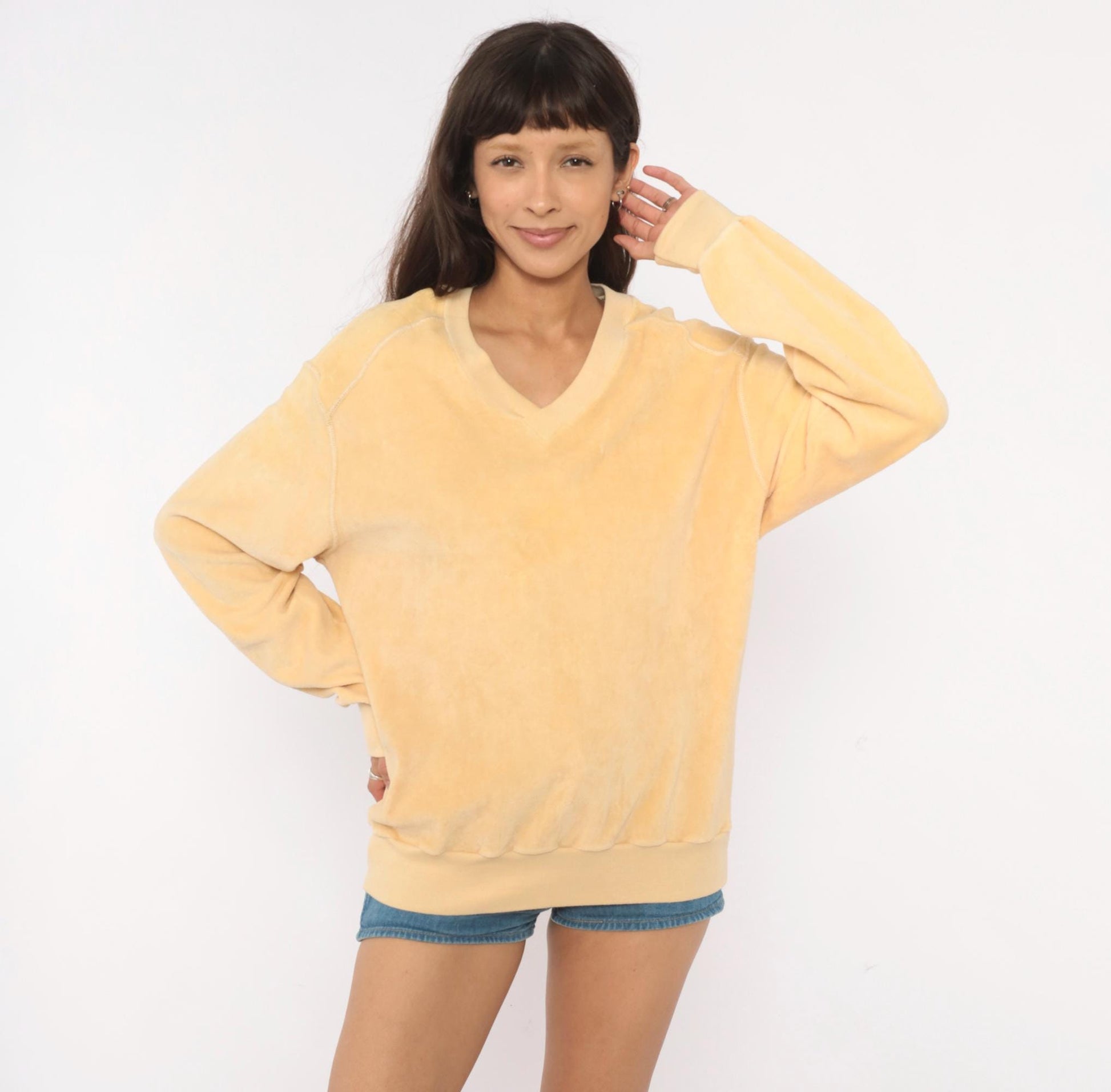80s Admit One Velour Sweatshirt Cream Raglan V-Neck Extra Large XL