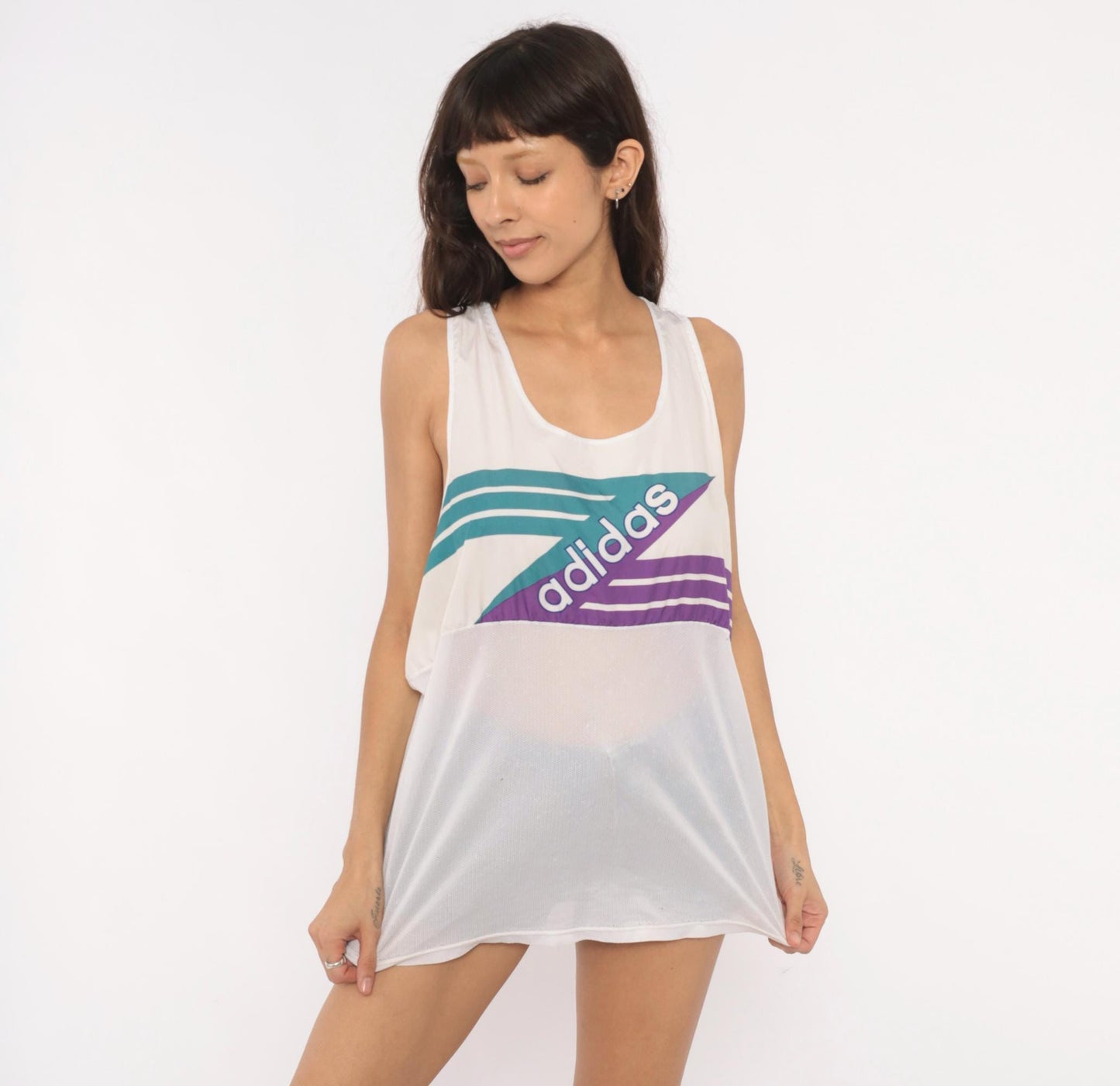90s Adidas Tank Top White Teal Purple Mesh Athletic Sleeveless Extra Large XL