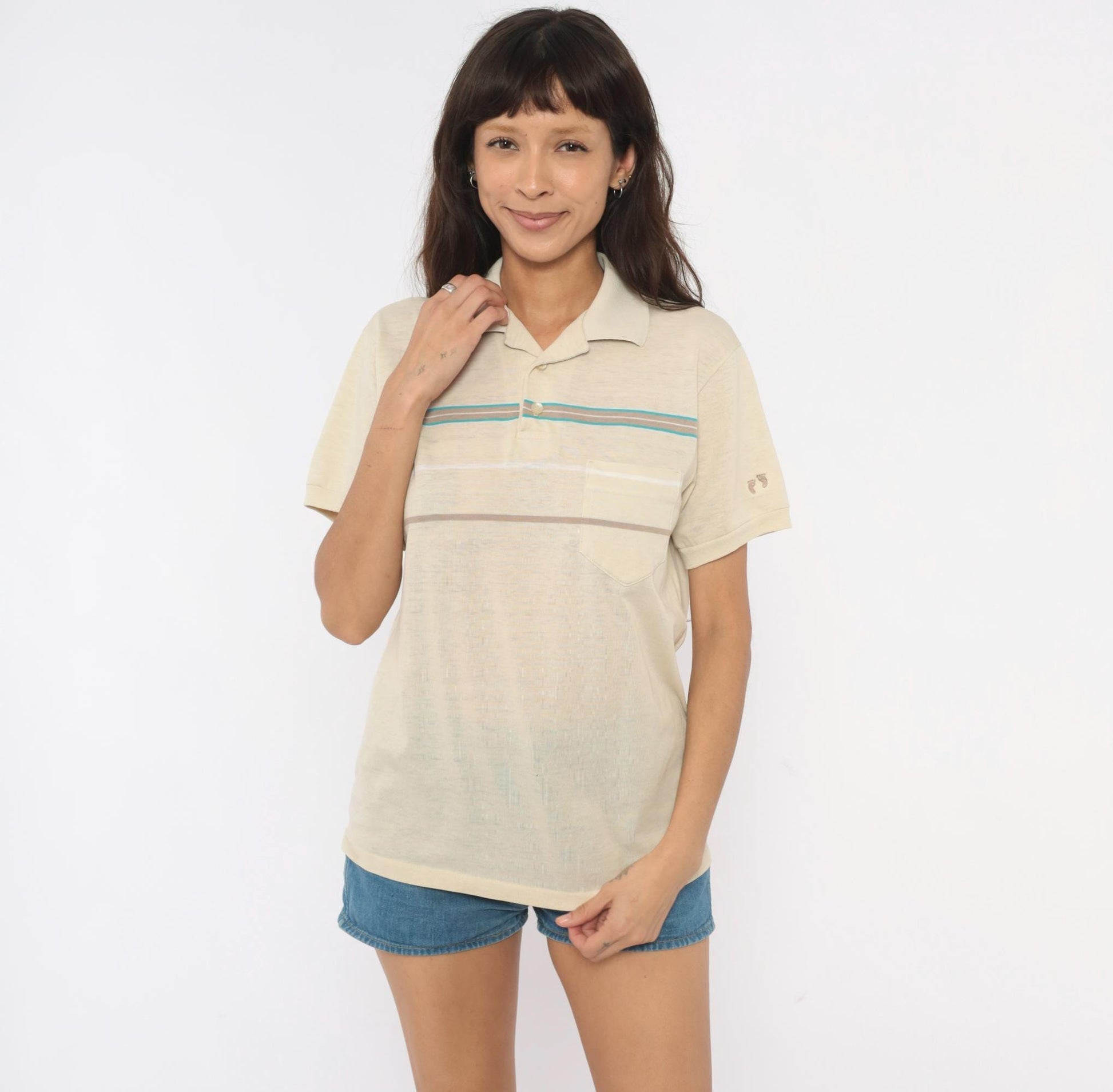 80s Hang Ten Polo Shirt Cream Teal Taupe Stripe Cotton Medium M