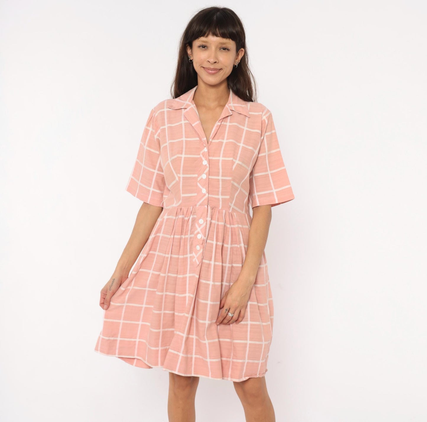 1960s Pink Cream Windowpane Shirtdress Cotton Button Front Pleated Large L