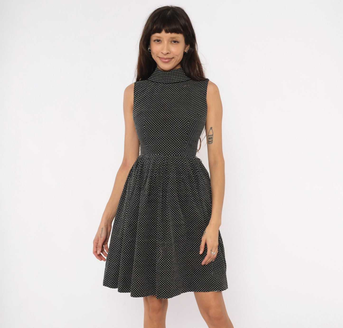 60s Mod Mini Dress Black White Polka Dot Mock Neck Fit Flare Cotton Extra Small