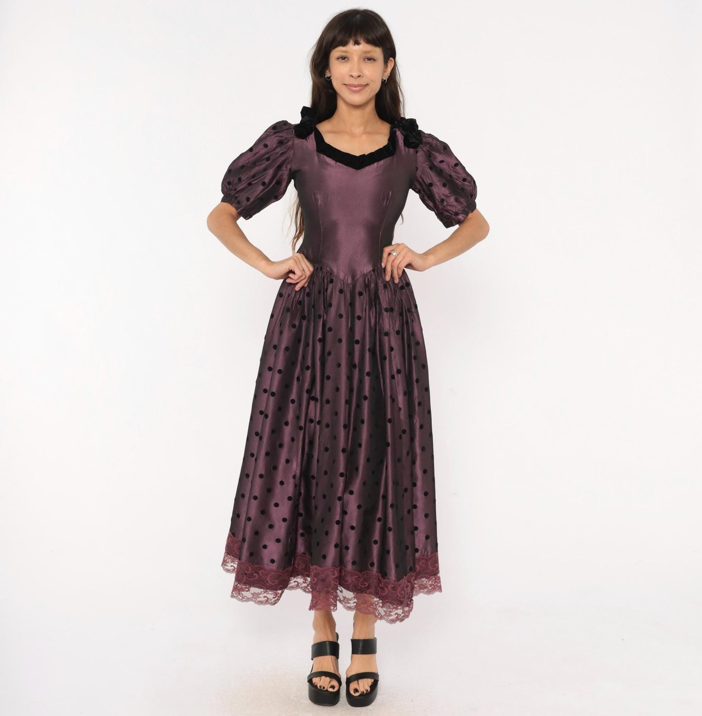 90s Plum Polka Dot Velvet Trim Puff Sleeve Gown V Neck Small