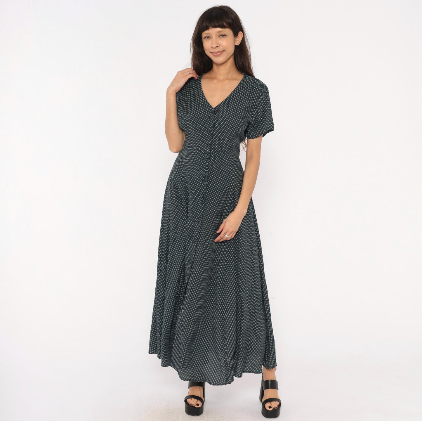 90s New York Style Navy Polka Dot Maxi Dress Button Front Flutter Sleeve Large L