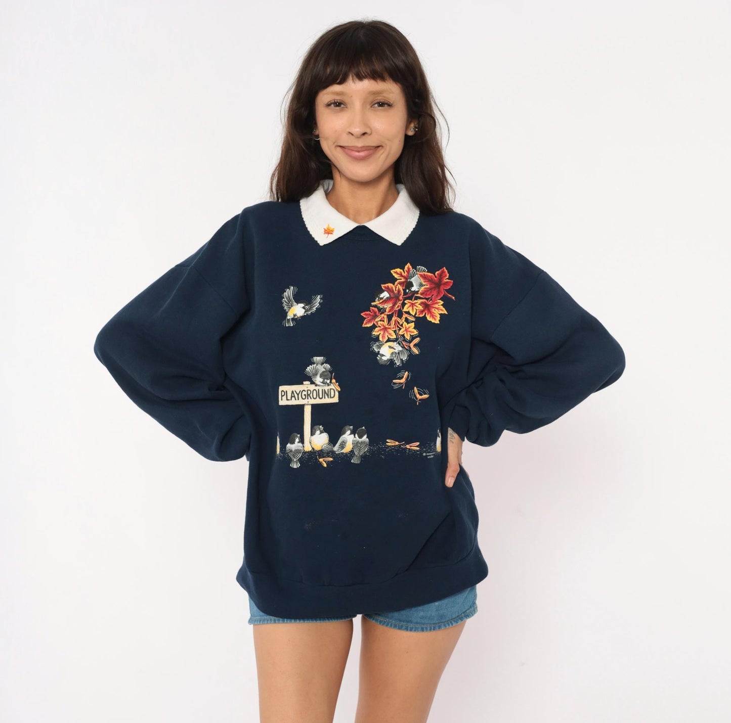 90s Morning Sun Chickadee Sweatshirt Navy Blue Autumn Leaves Collared Graphic Extra Large