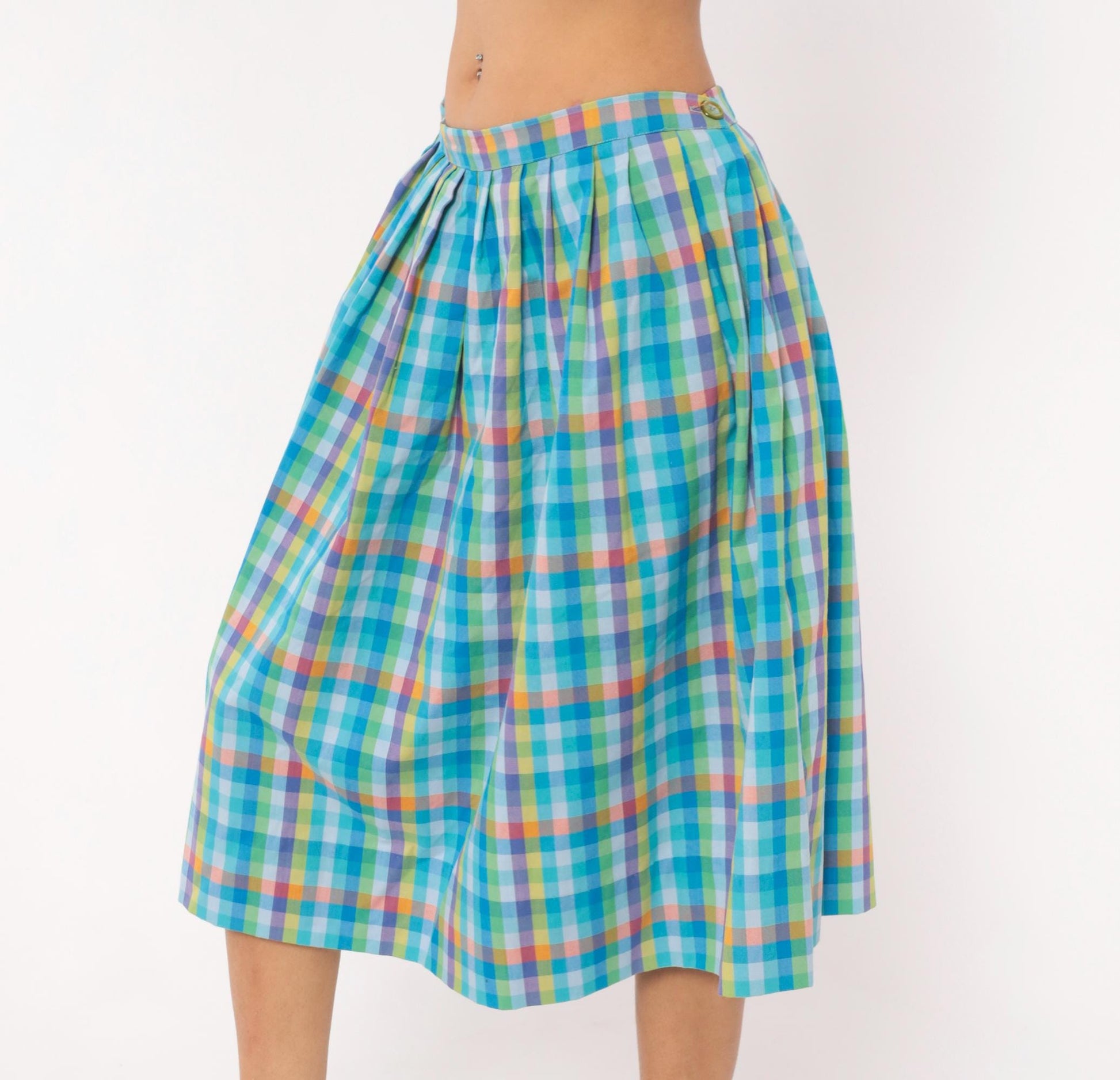 80s Rainbow Gingham Pleated Knee Skirt Cotton Multicolor Large L