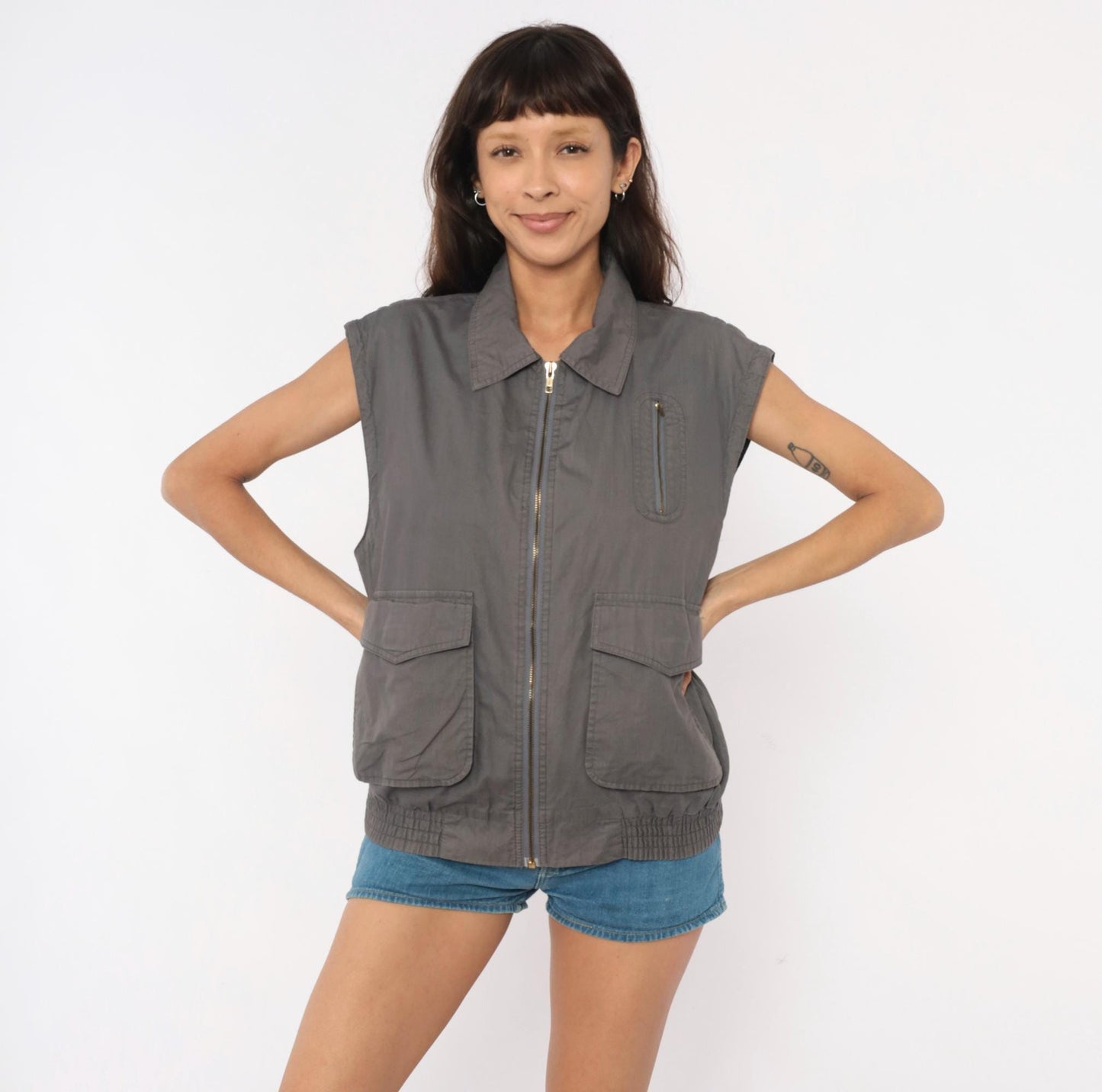 80s Fog Cutter Grey Utility Vest Cotton Zip Cargo Pockets Medium