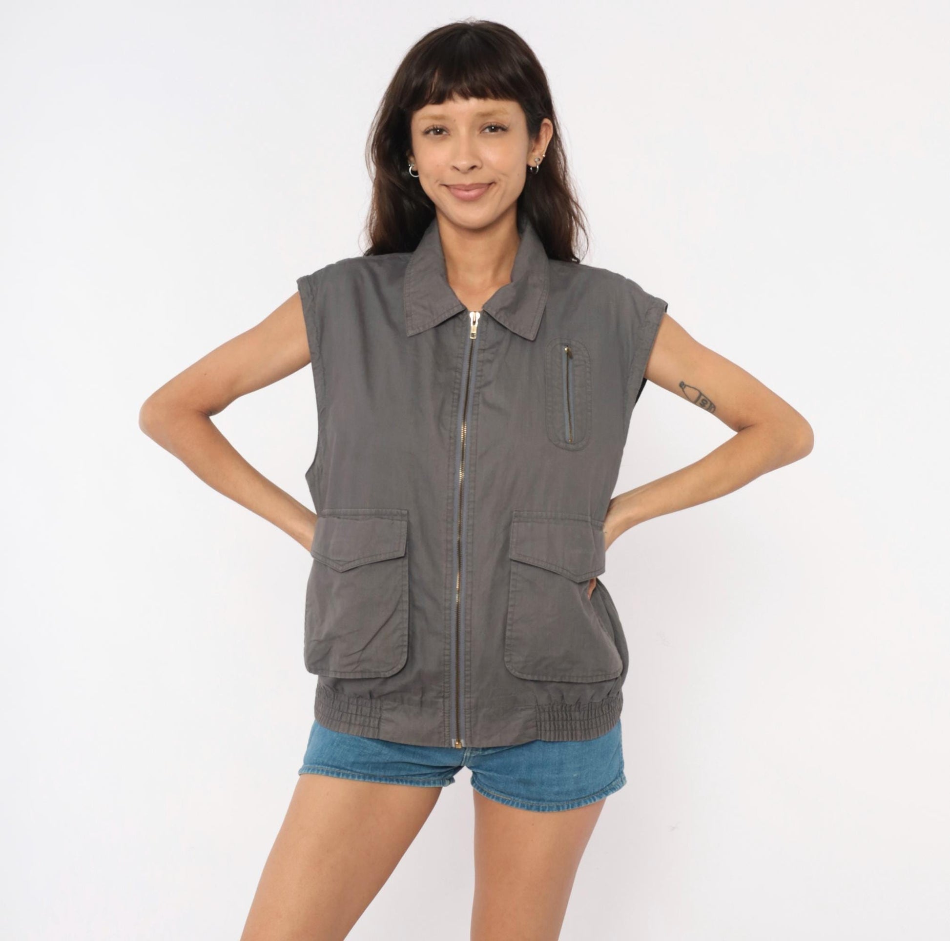 80s Fog Cutter Grey Utility Vest Cotton Zip Cargo Pockets Medium