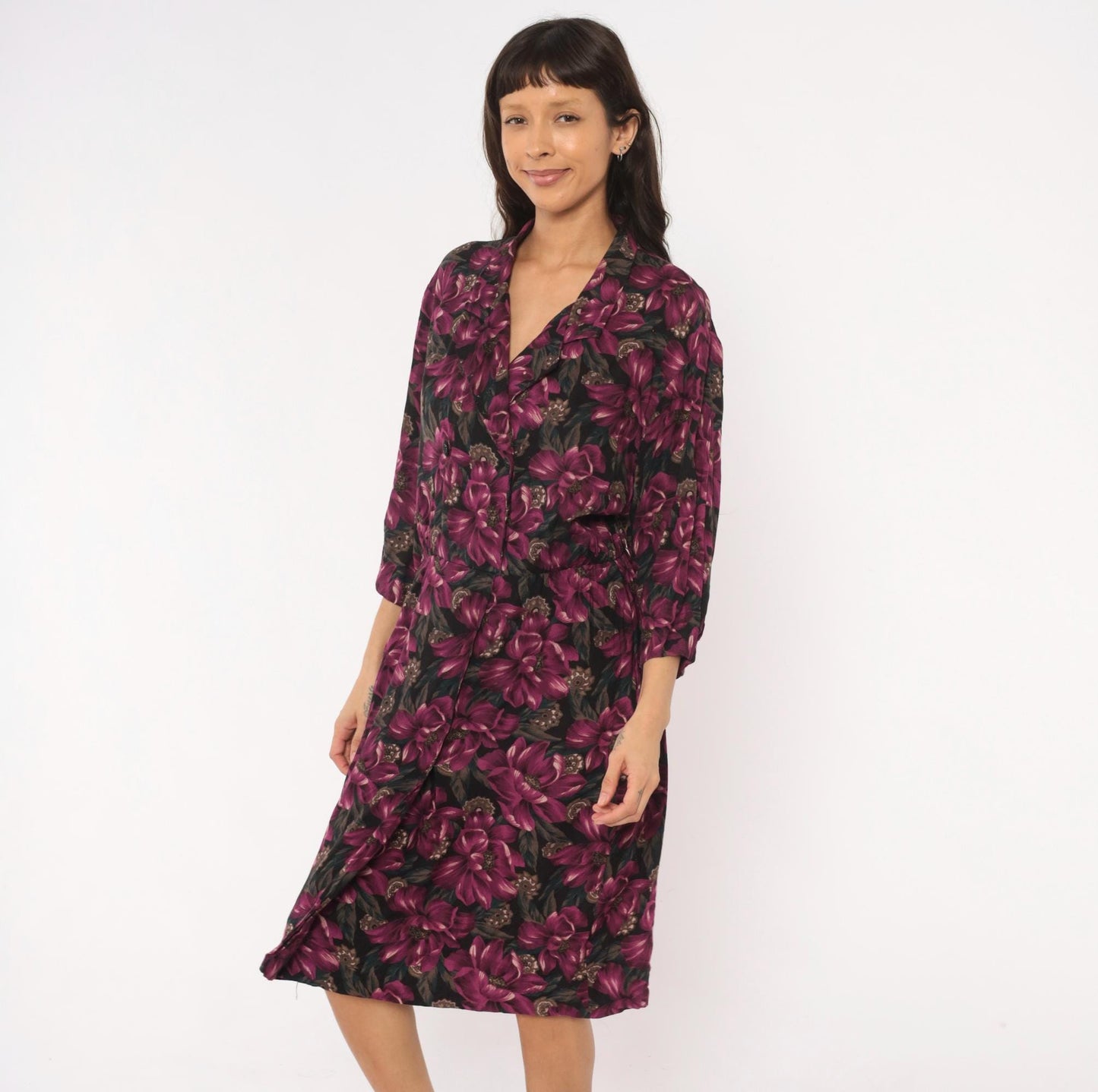 90s Plum Floral Wrap Dress V-Neck Button Front Knee-Length Large