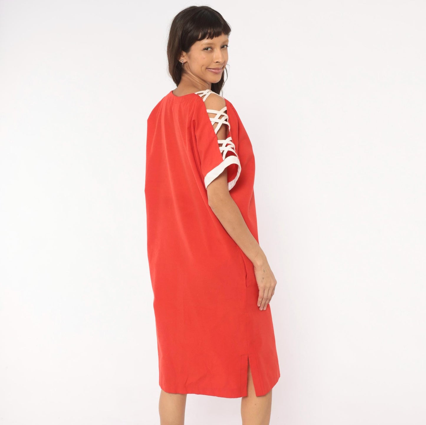80s Act I Red Cotton Dress V-Neck Criss-Cross Cold Shoulder Large L