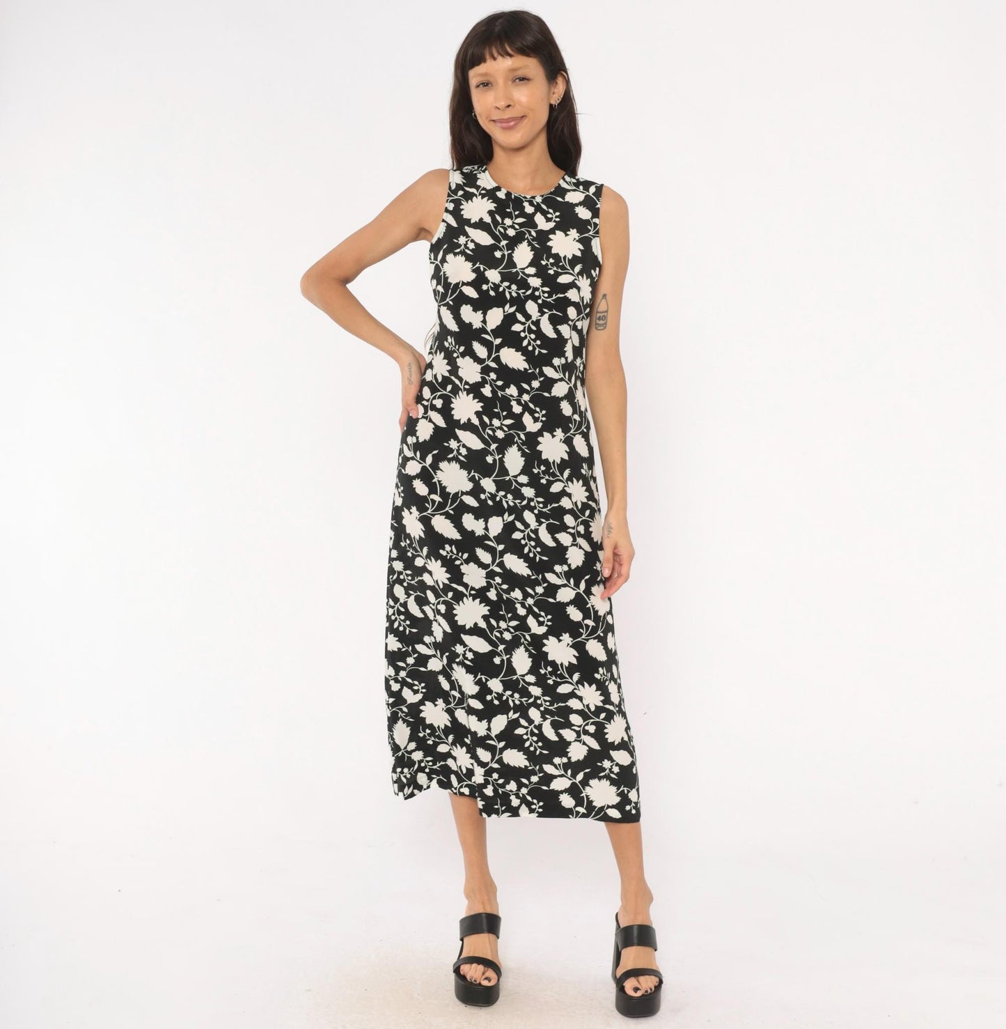 00s Old Navy Black Cream Floral Midi Dress Sleeveless Small S
