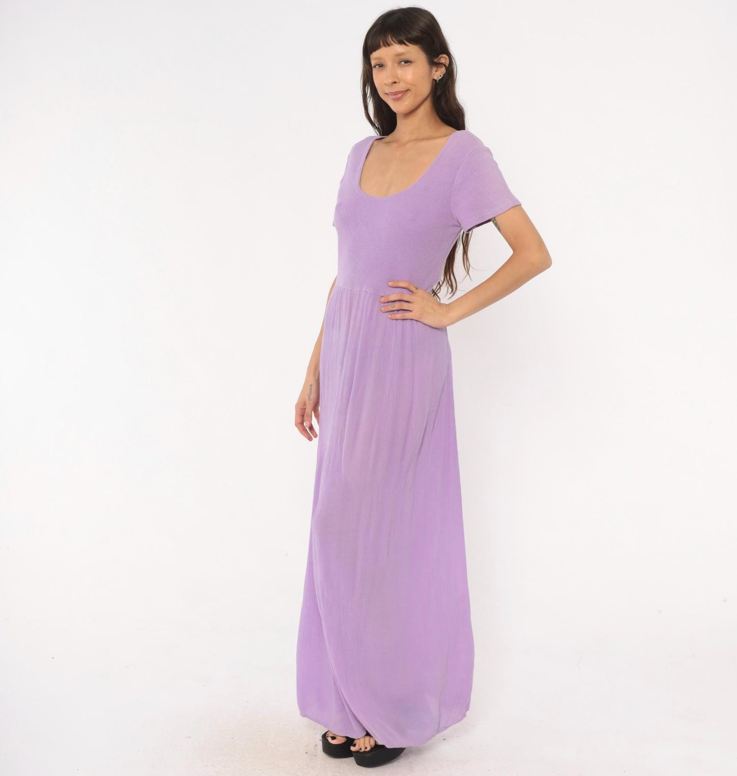 90s Basement Lavender Waffle Knit Maxi Dress Flutter Sleeve Scoop Neck One Size