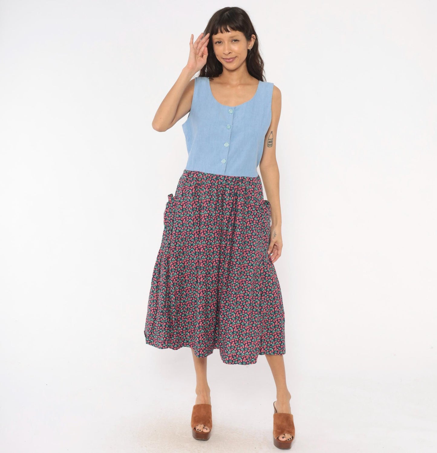 90s Raspberry Chambray Midi Dress Button Front Pockets Cotton Large L
