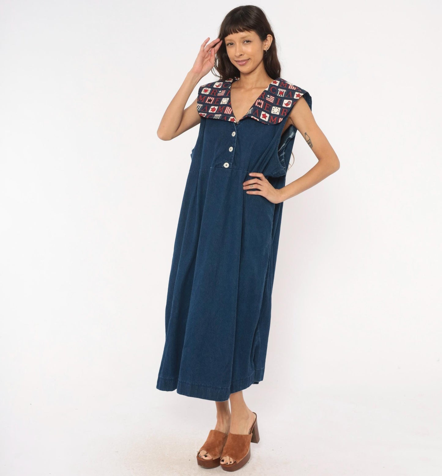 90s Americana Patchwork Denim Maxi Dress Navy Sailor Collar Plus Size XXL