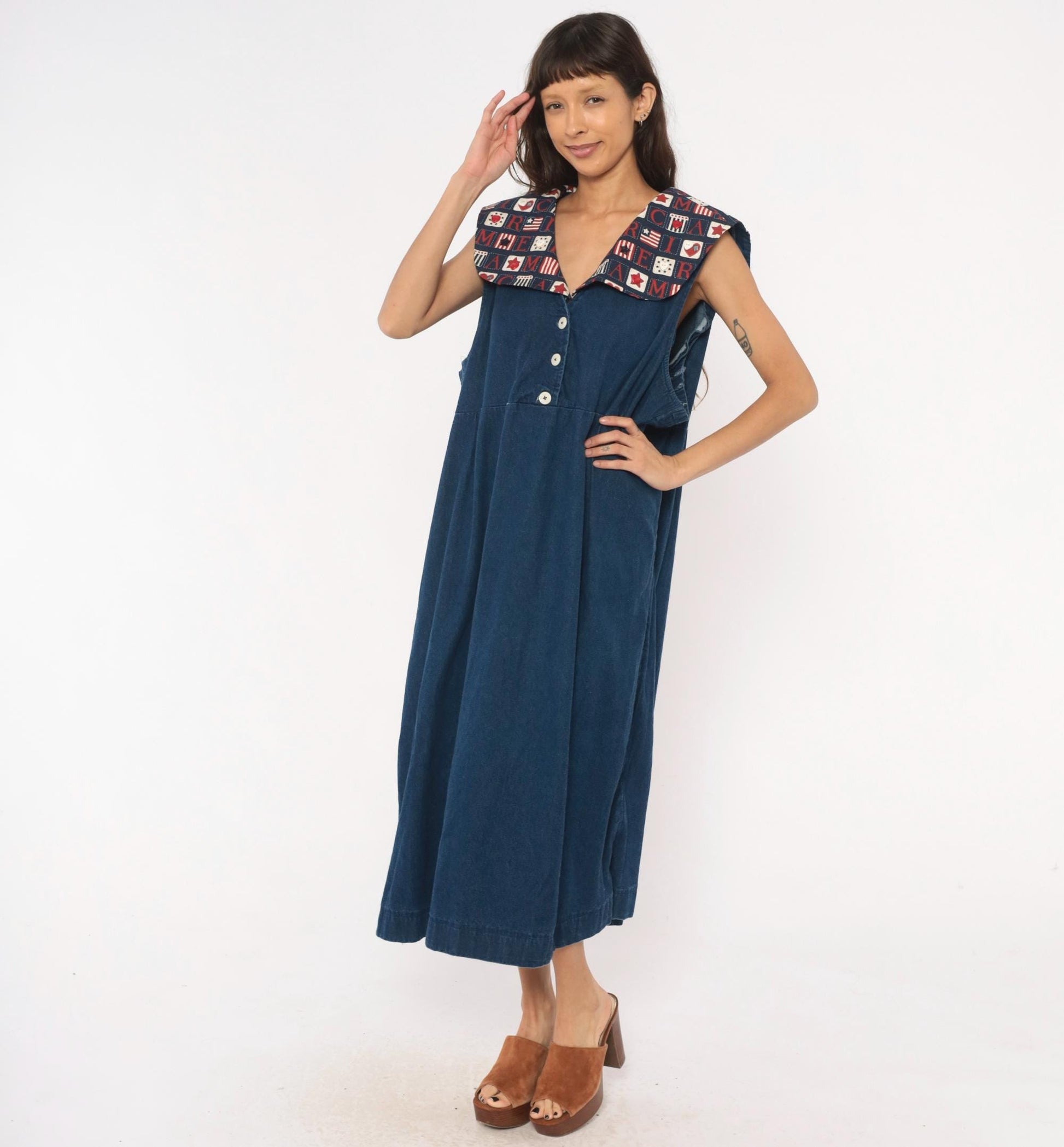 90s Americana Patchwork Denim Maxi Dress Navy Sailor Collar Plus Size XXL