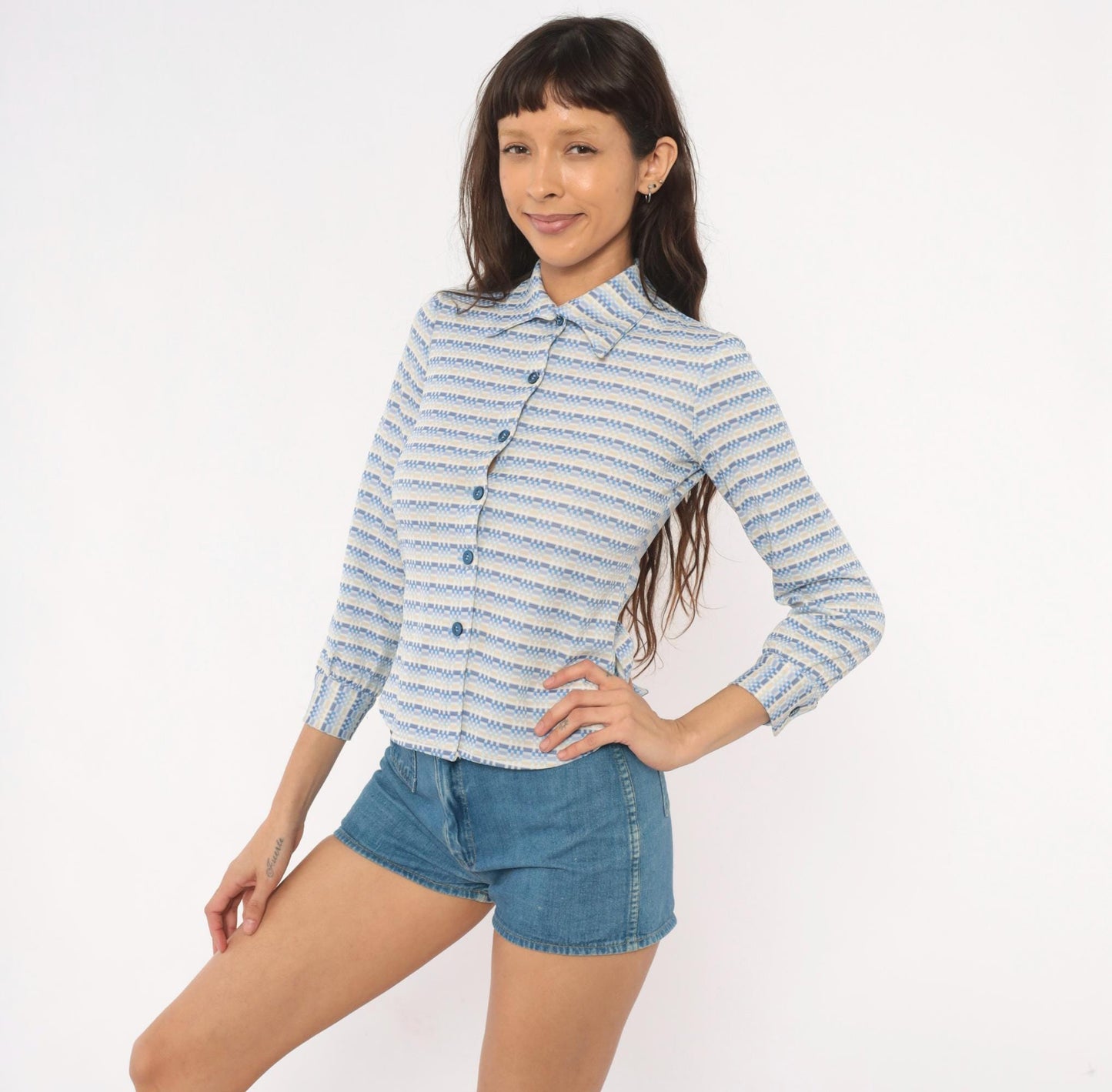 70s Geometric Stripe Button Blouse Blue Tan Pointed Collar Three Quarter Sleeve Extra Small