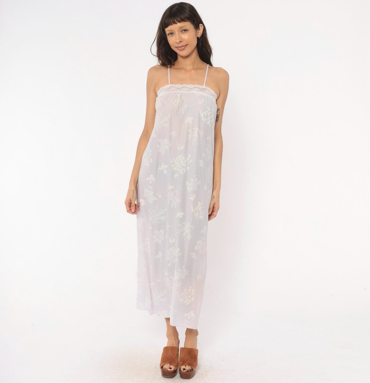 80s Lavender Floral Butterfly Maxi Nightgown Spaghetti Strap Lace Trim Small