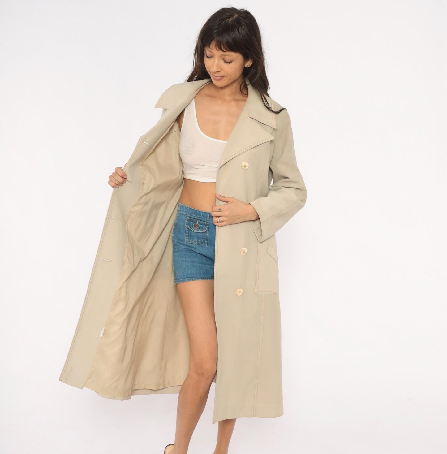 80s Double Breasted Trench Coat Beige Mid-Calf Belted Jacket Medium
