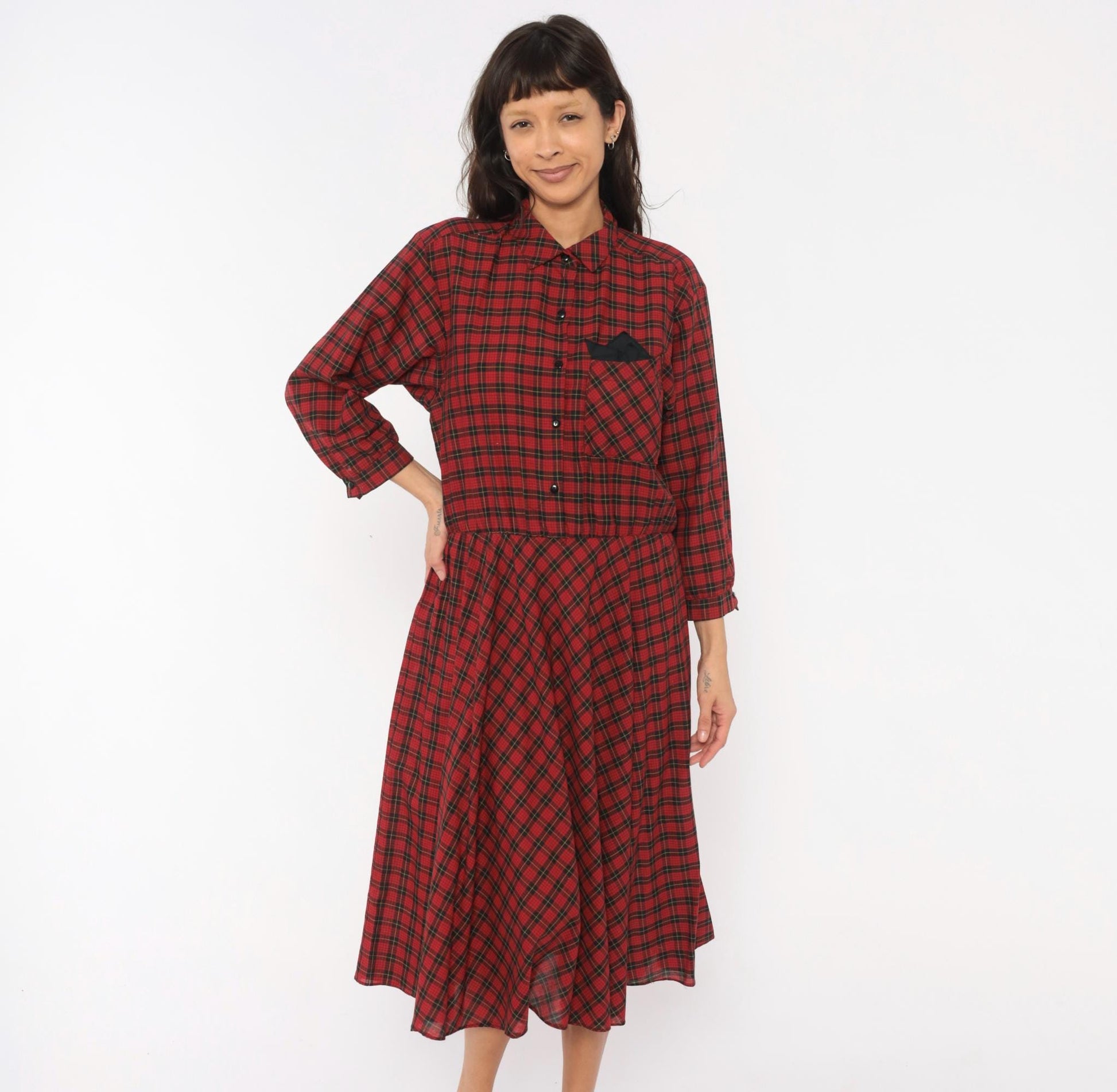 80s Alison Peters Plaid Shirtdress Red Black Tartan Midi Pleated Cotton Medium Large