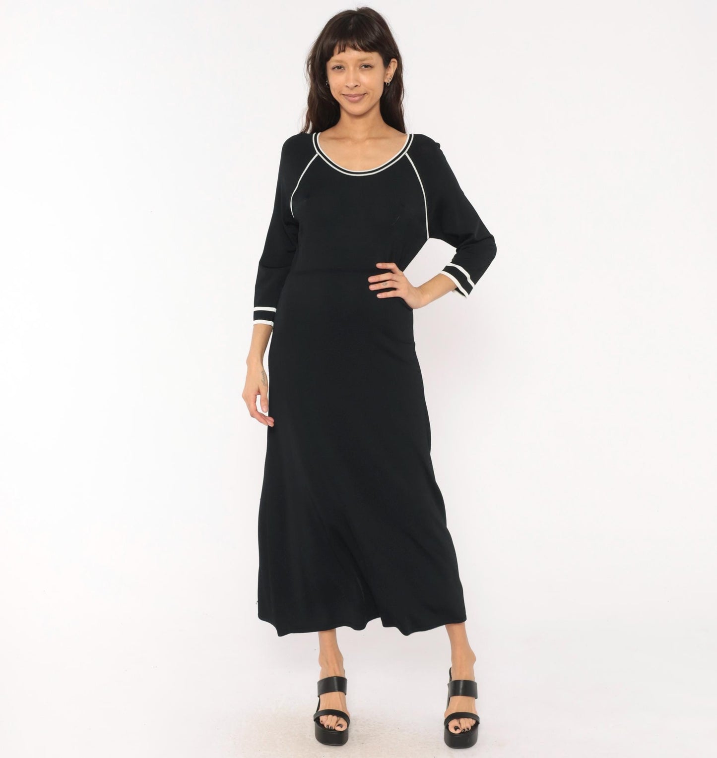 90s Norm Thompson Black Knit Maxi Dress Scoop Neck White Piping Small