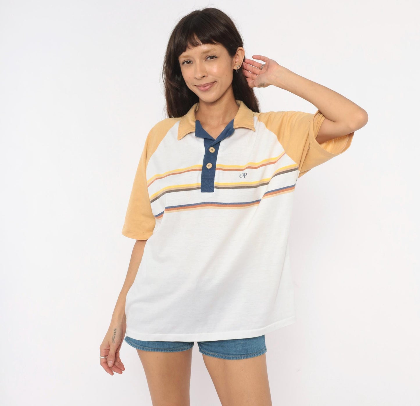 80s Ocean Pacific Polo Striped Raglan White Navy Cotton Shirt Extra Large XL