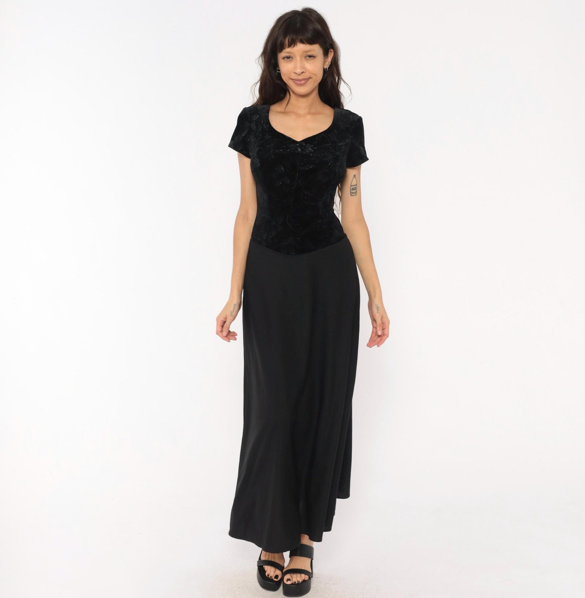 90s Southeastern Velvet Burnout Maxi Dress Black Floral V-Neck Extra Small