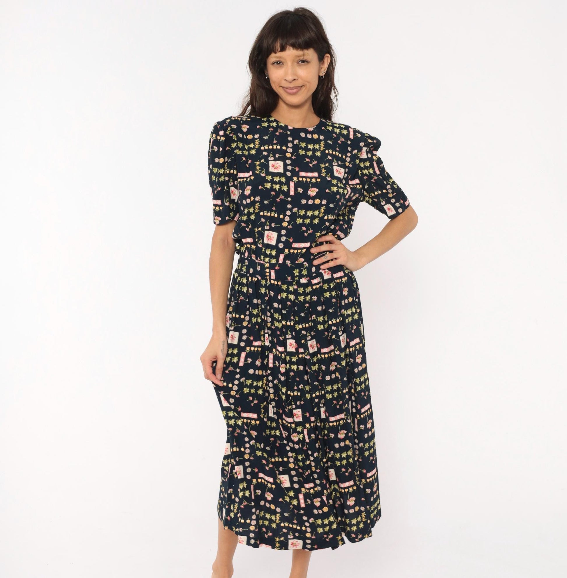 90s Karin Stevens Botanical Midi Dress Navy Floral Puff Sleeve Medium M