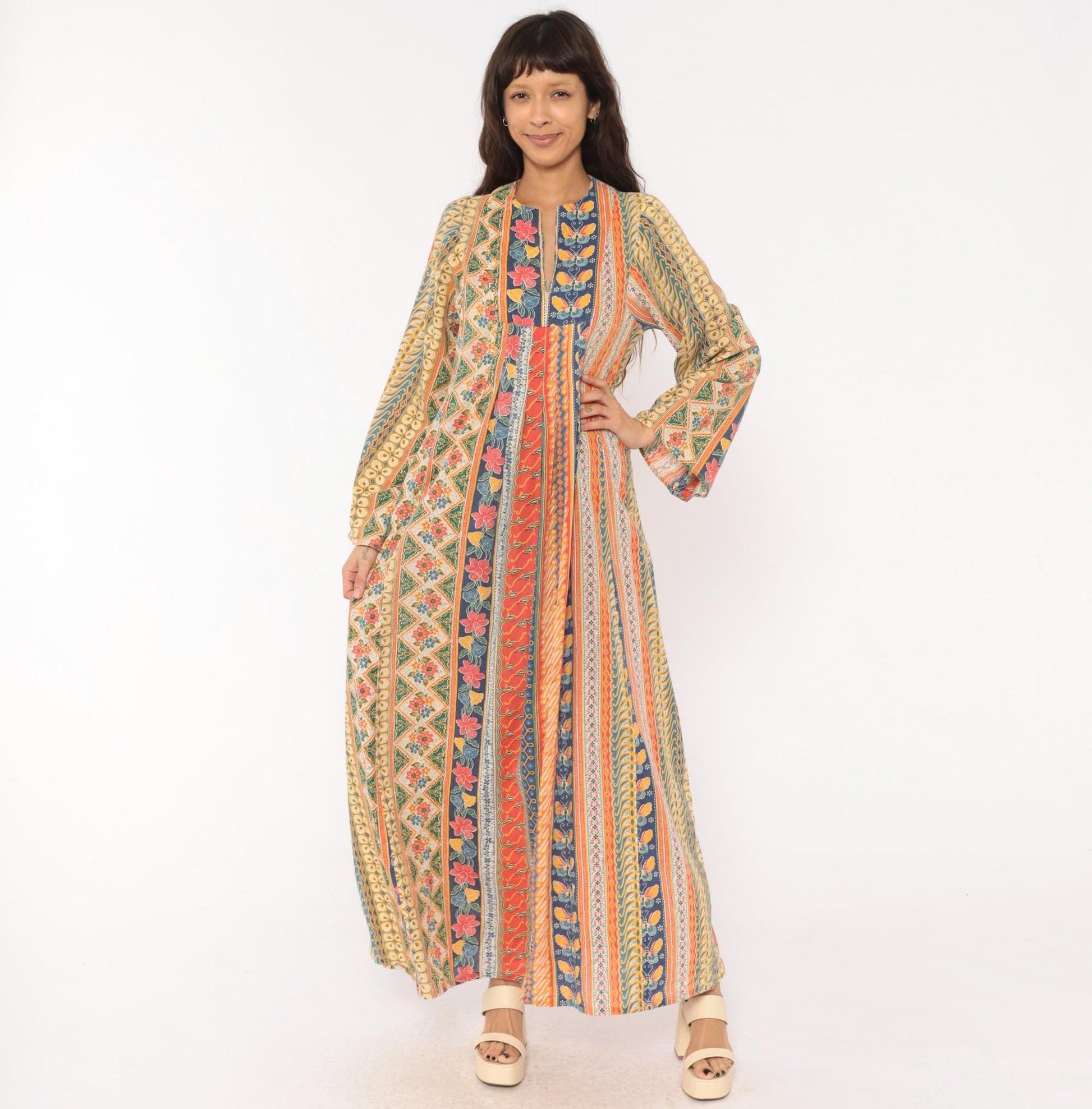 70s Frances Decourcy Batik Caftan Cotton Maxi Dress Floral Butterfly Print Multicolor Medium