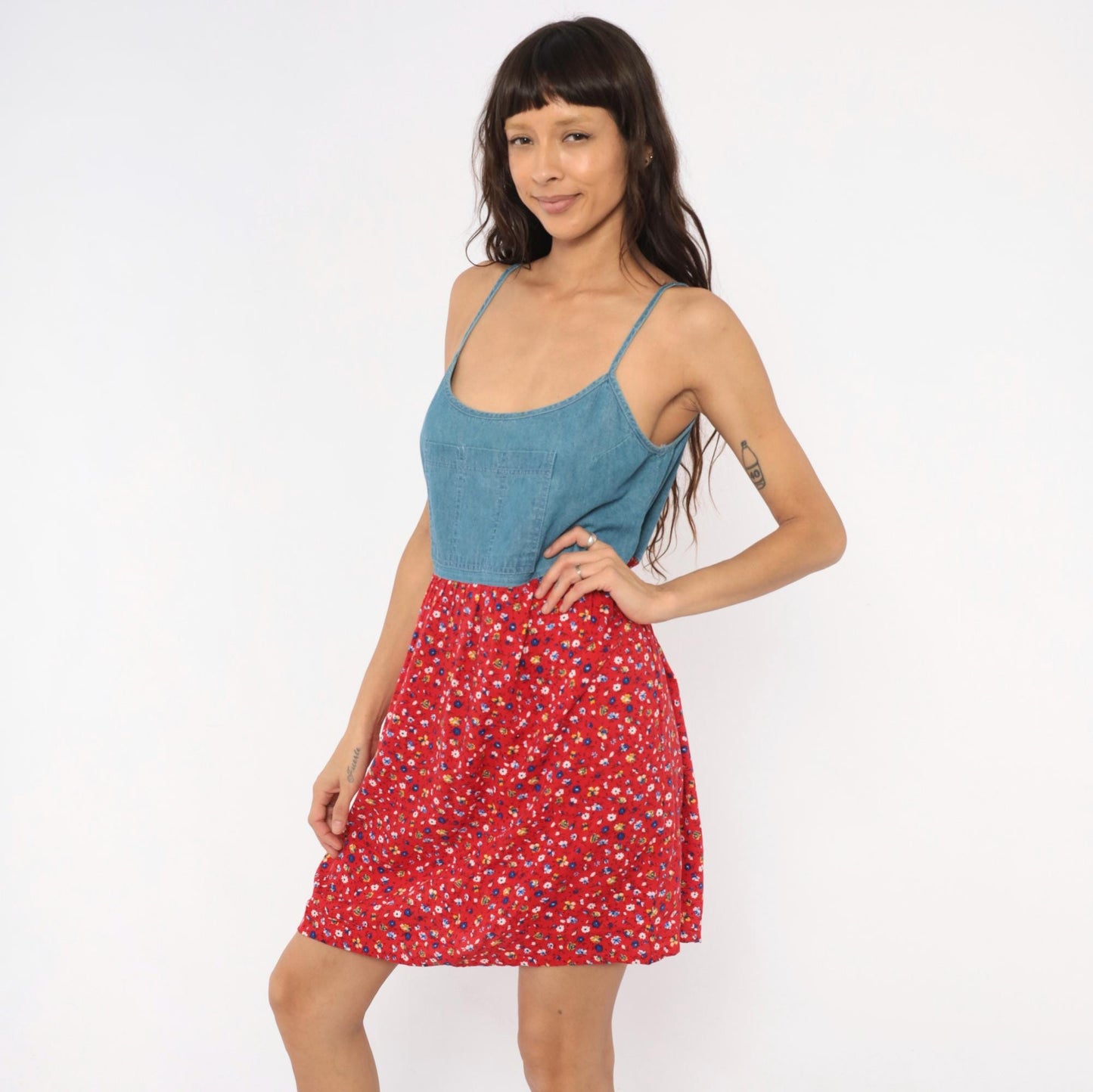 90s California Concepts Denim Floral Sundress Red Calico Mini Medium