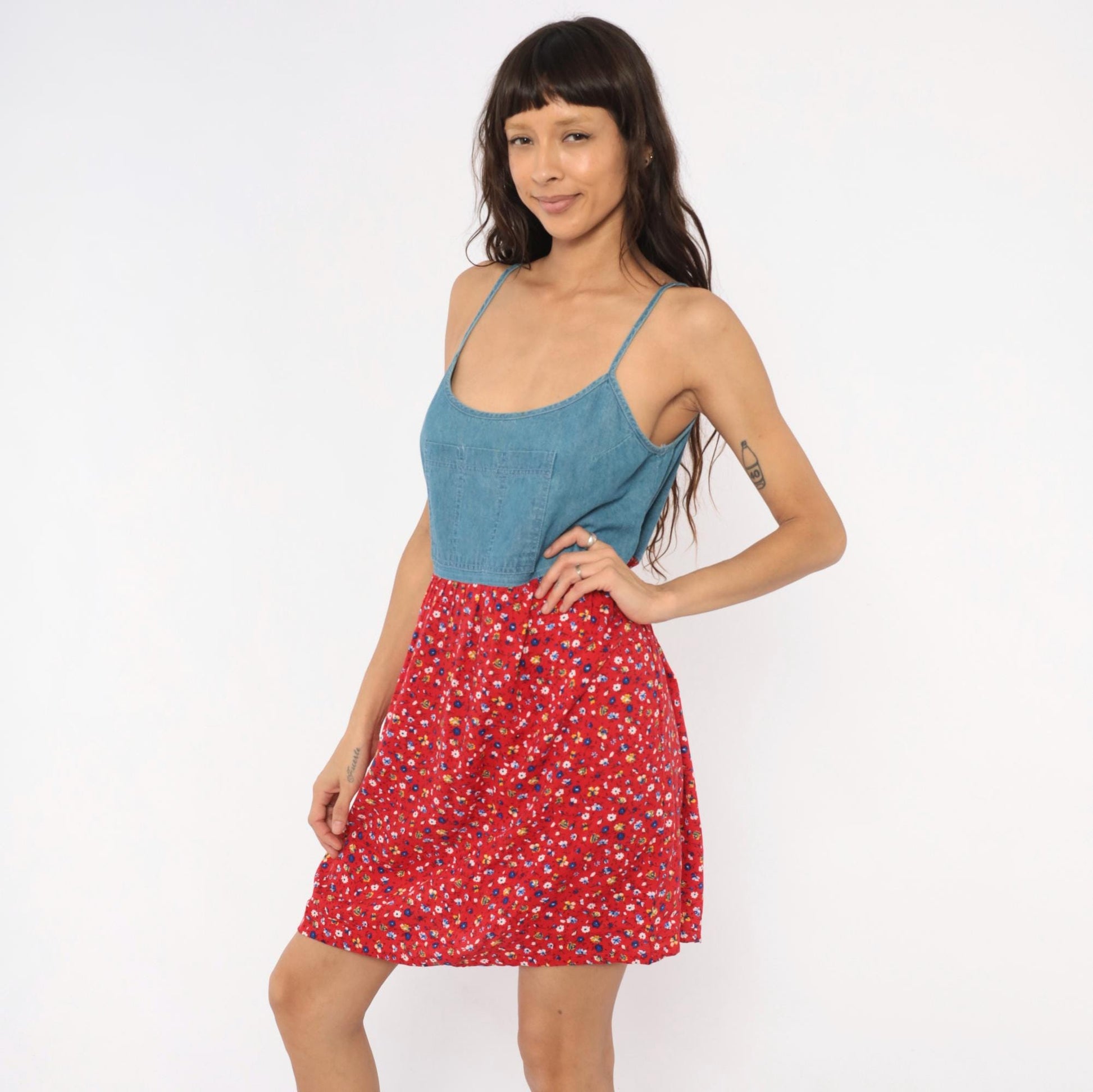 90s California Concepts Denim Floral Sundress Red Calico Mini Medium