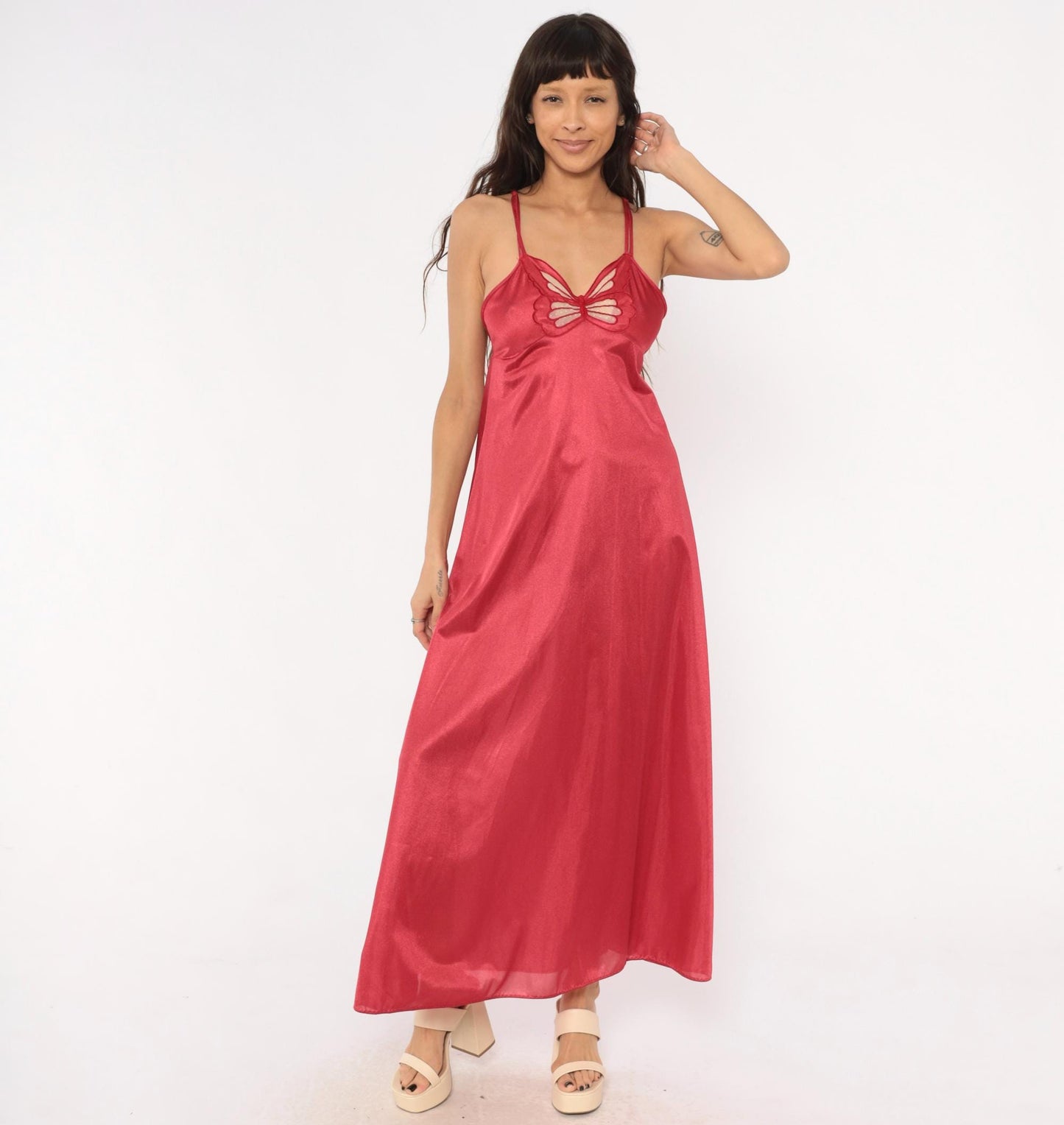 70s Berry Red Butterfly Cutout Nylon Nightgown Maxi Spaghetti Strap Small